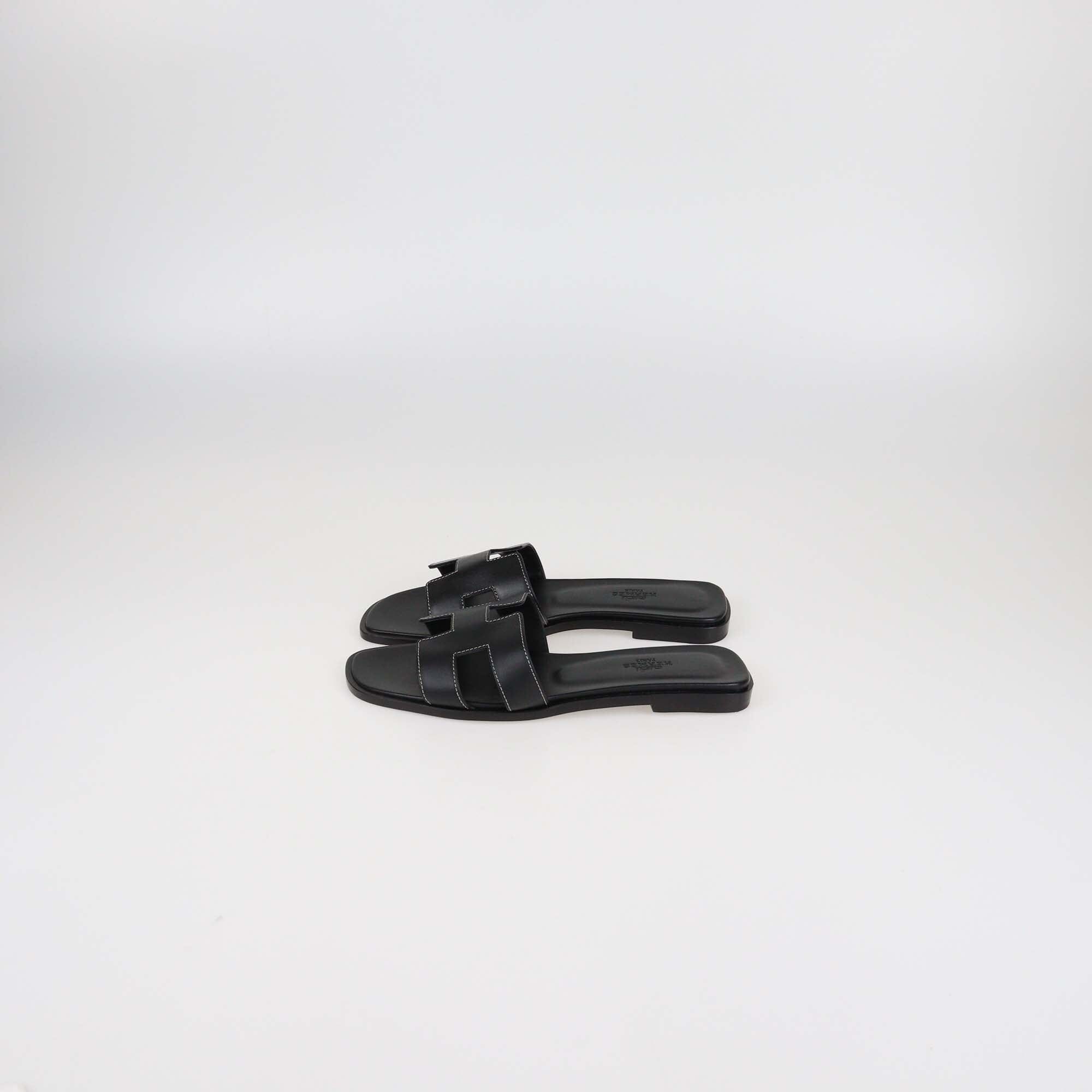 Hermes Black Box Leather Oran Flat Sandals Womens Hermes