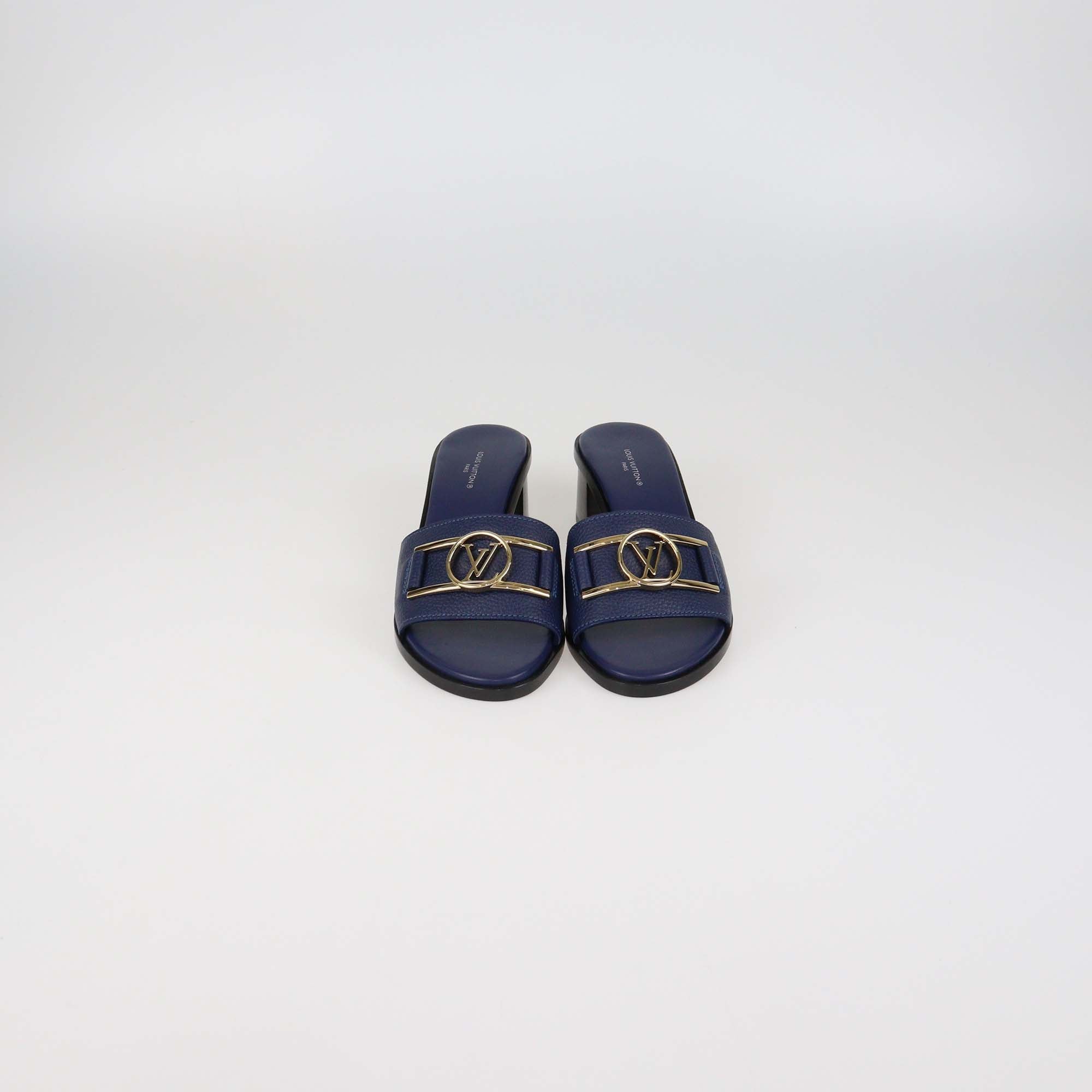 Louis Vuitton Navy Blue Leather Lock It Slide Sandals