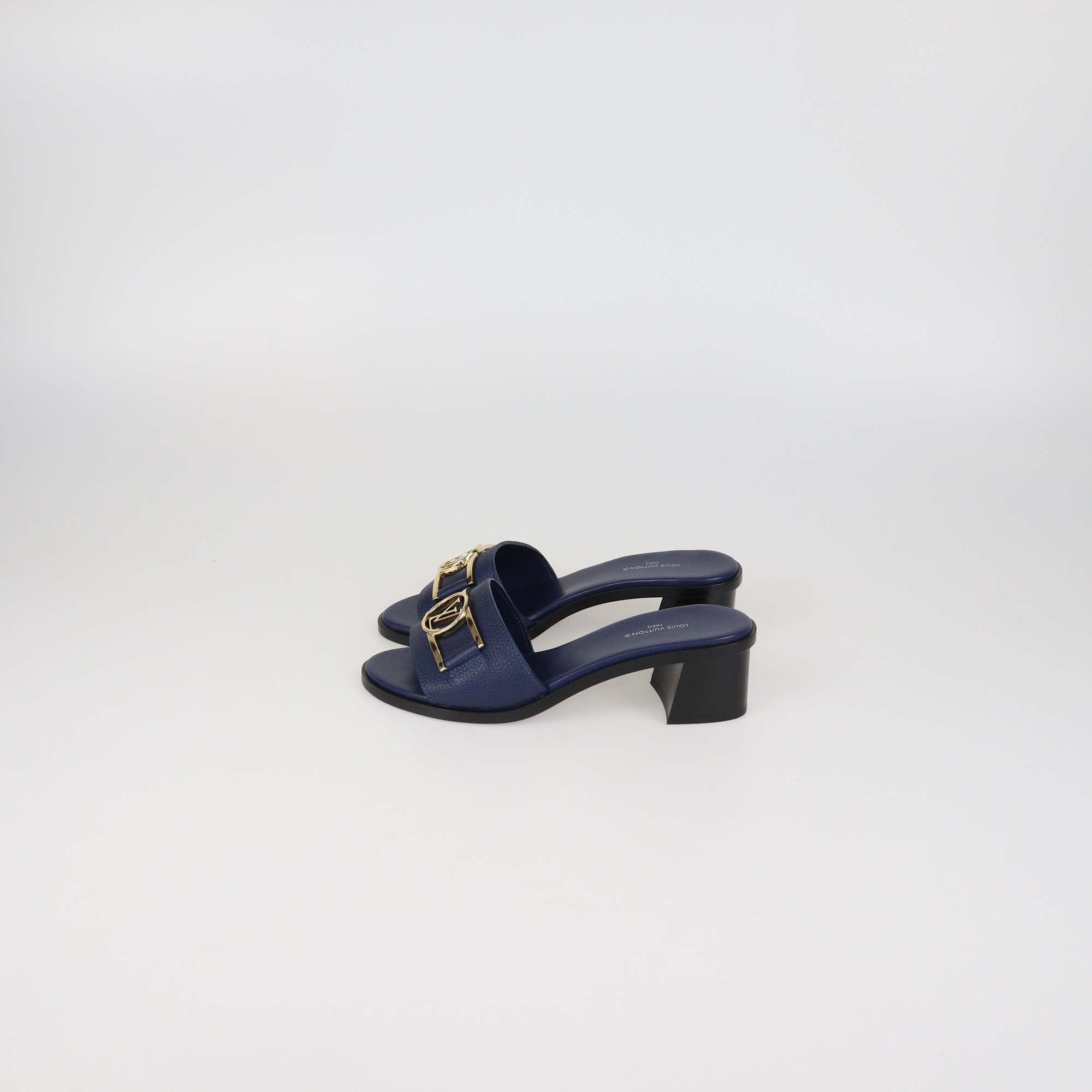 Louis Vuitton Navy Blue Leather Lock It Slide Sandals