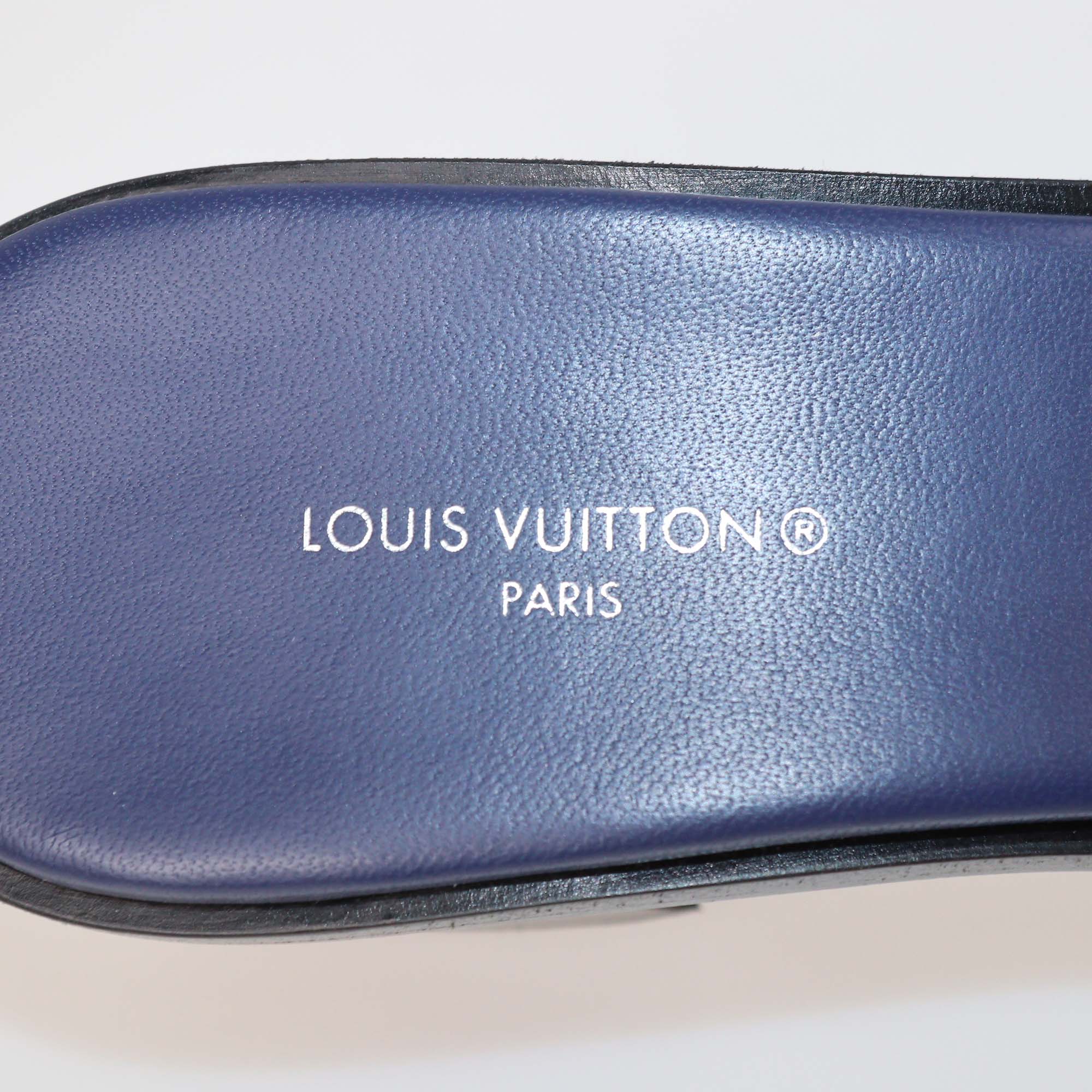 Louis Vuitton Navy Blue Leather Lock It Slide Sandals