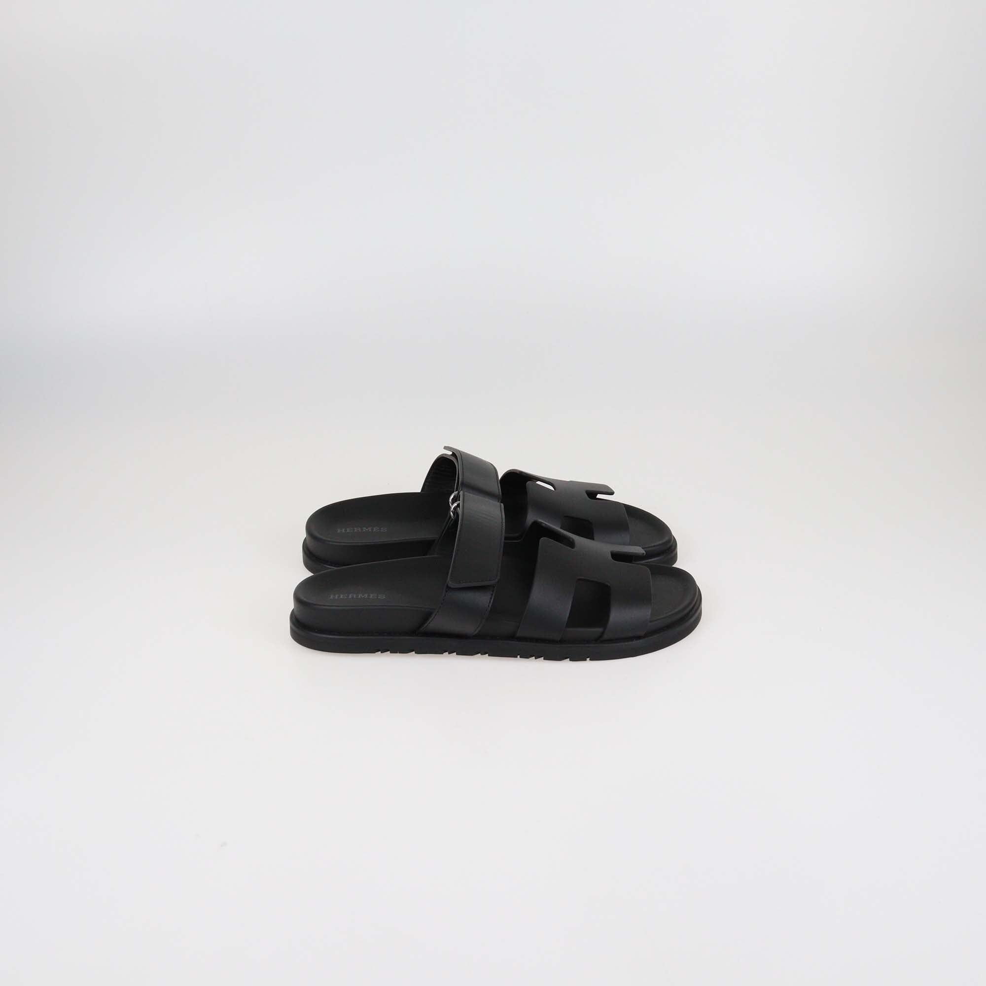 Hermès Black Leather Chypre Flat Sandals Womens Hermes