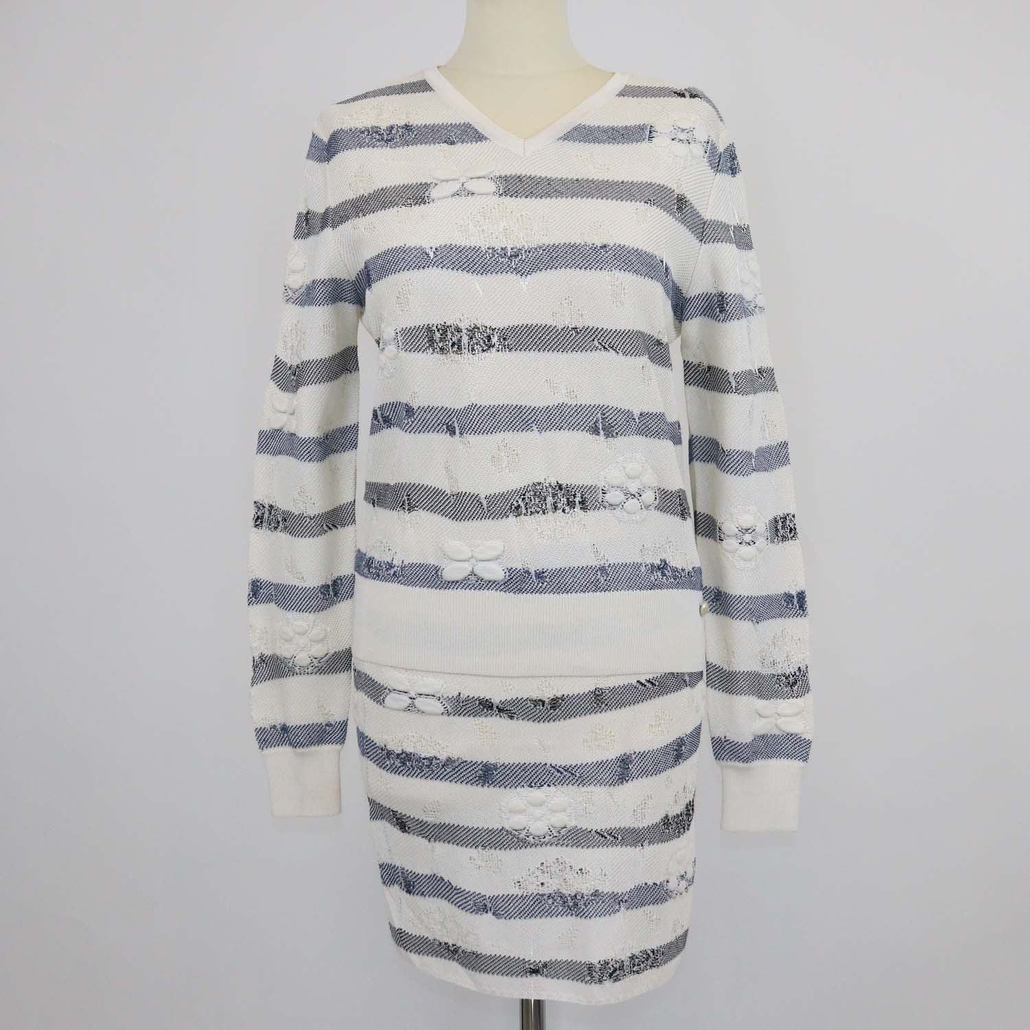 Chanel White/Blue Blend Viscose Striped Crochet Effect Sweater and Mini Skirt Set