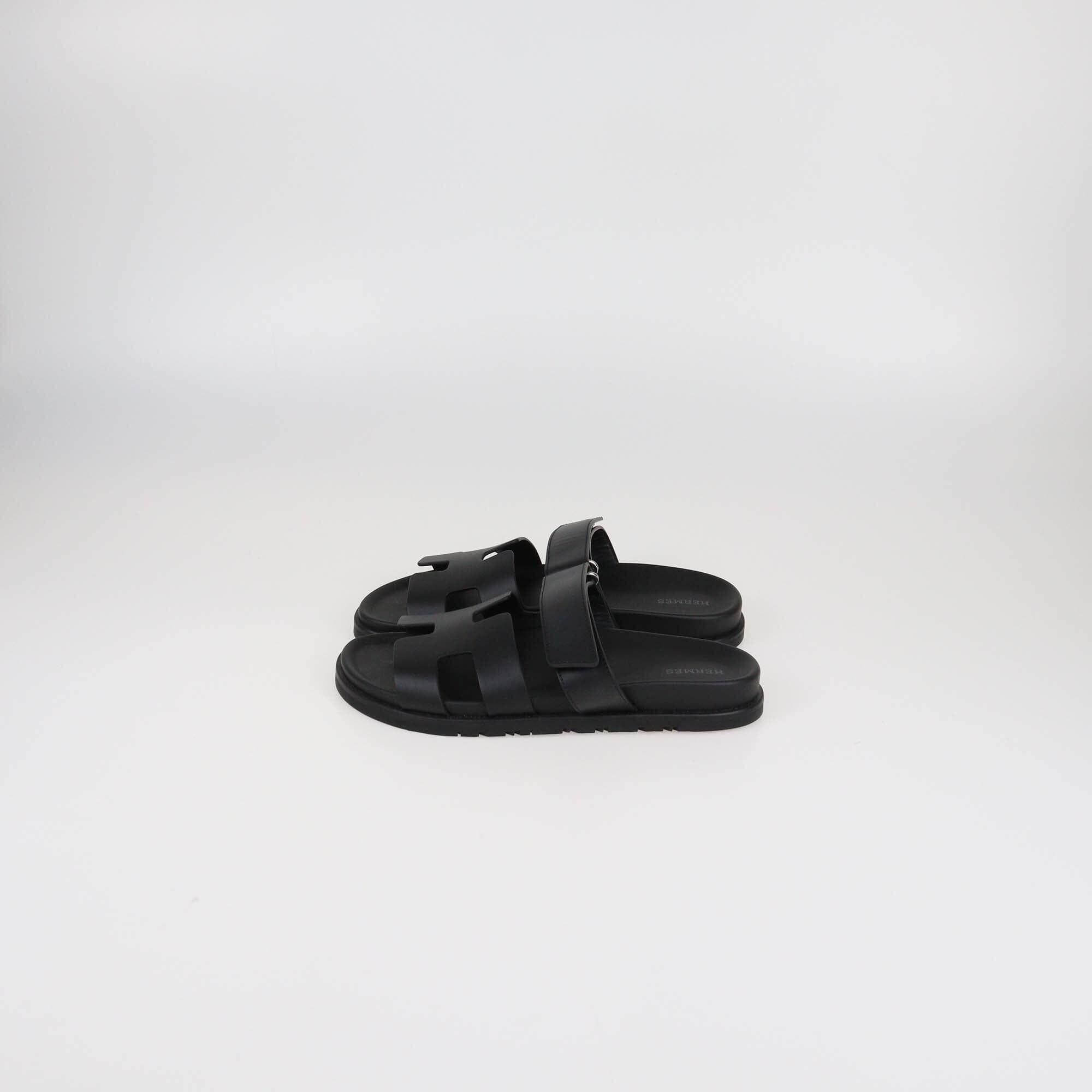 Hermès Black Leather Chypre Flat Sandals Womens Hermes