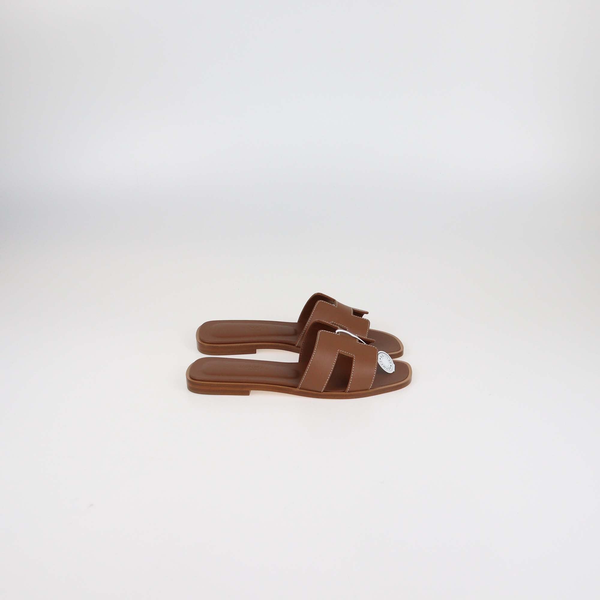 Hermes Brown Leather Oran Flat Sandals Womens Hermes