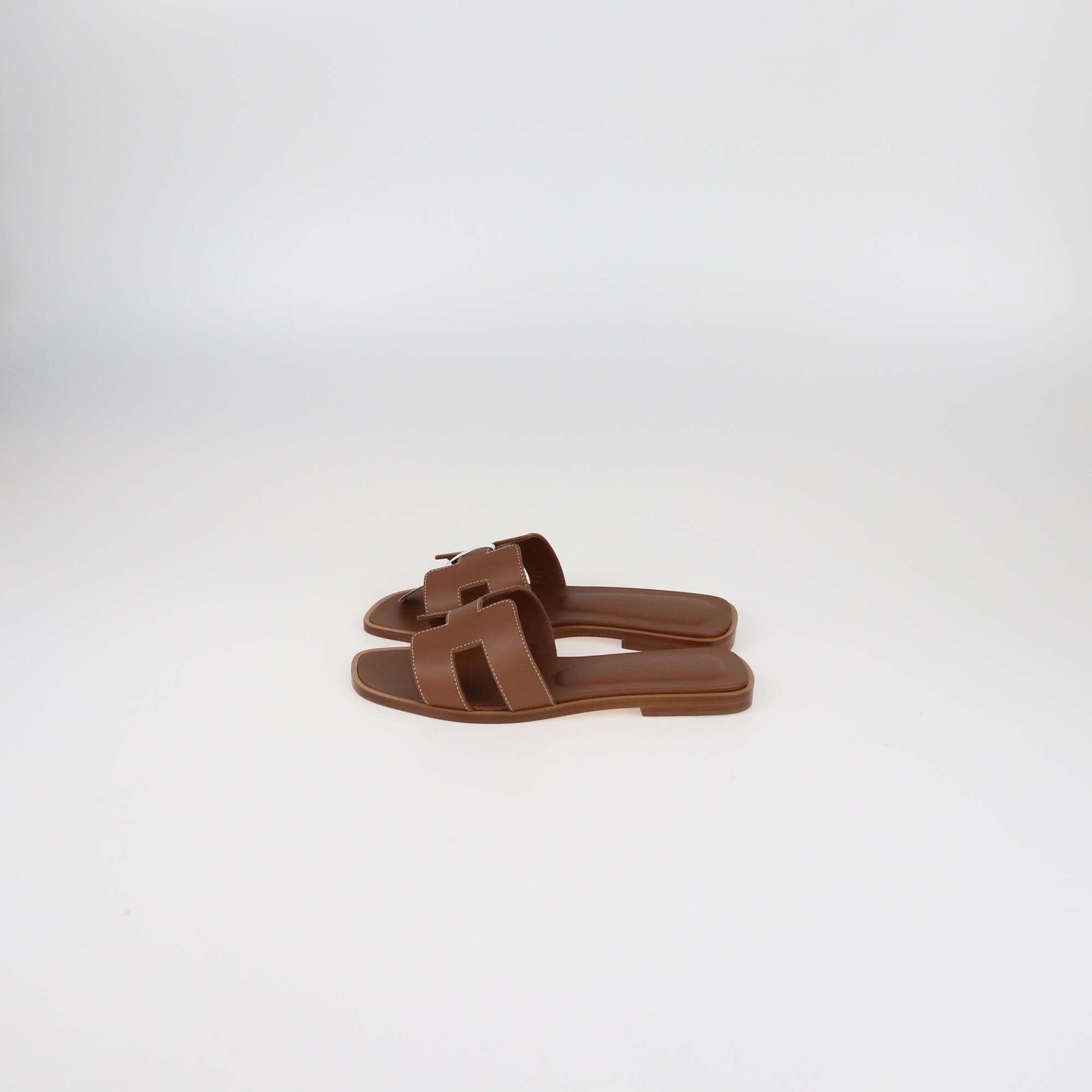 Hermes Brown Leather Oran Flat Sandals Womens Hermes