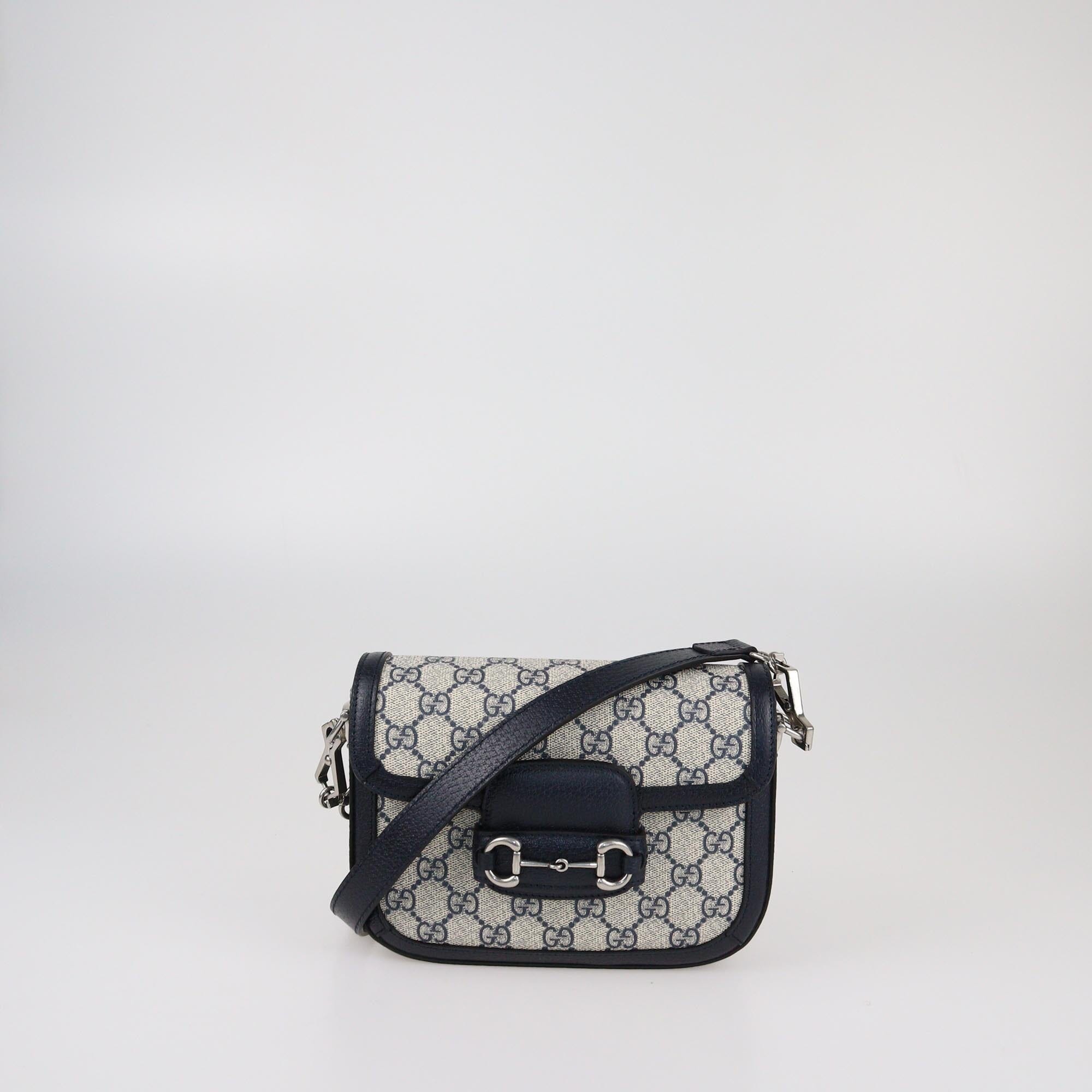 Gucci Navy Blue/Beige GG Supreme Small Horsebit 1955 Shoulder Bag Womens Gucci