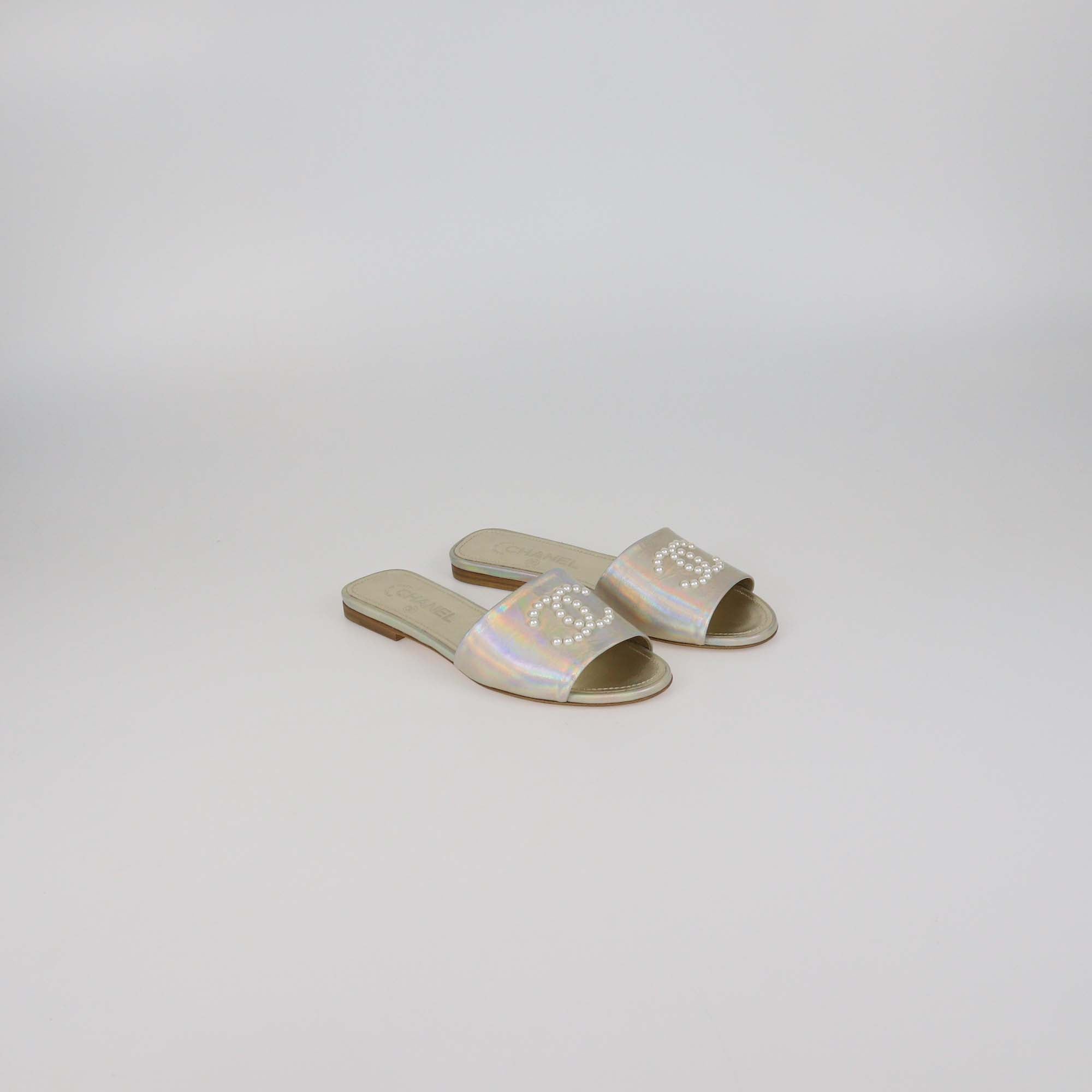 Chanel Metallic Leather Faux Pearl CC Flat Slides