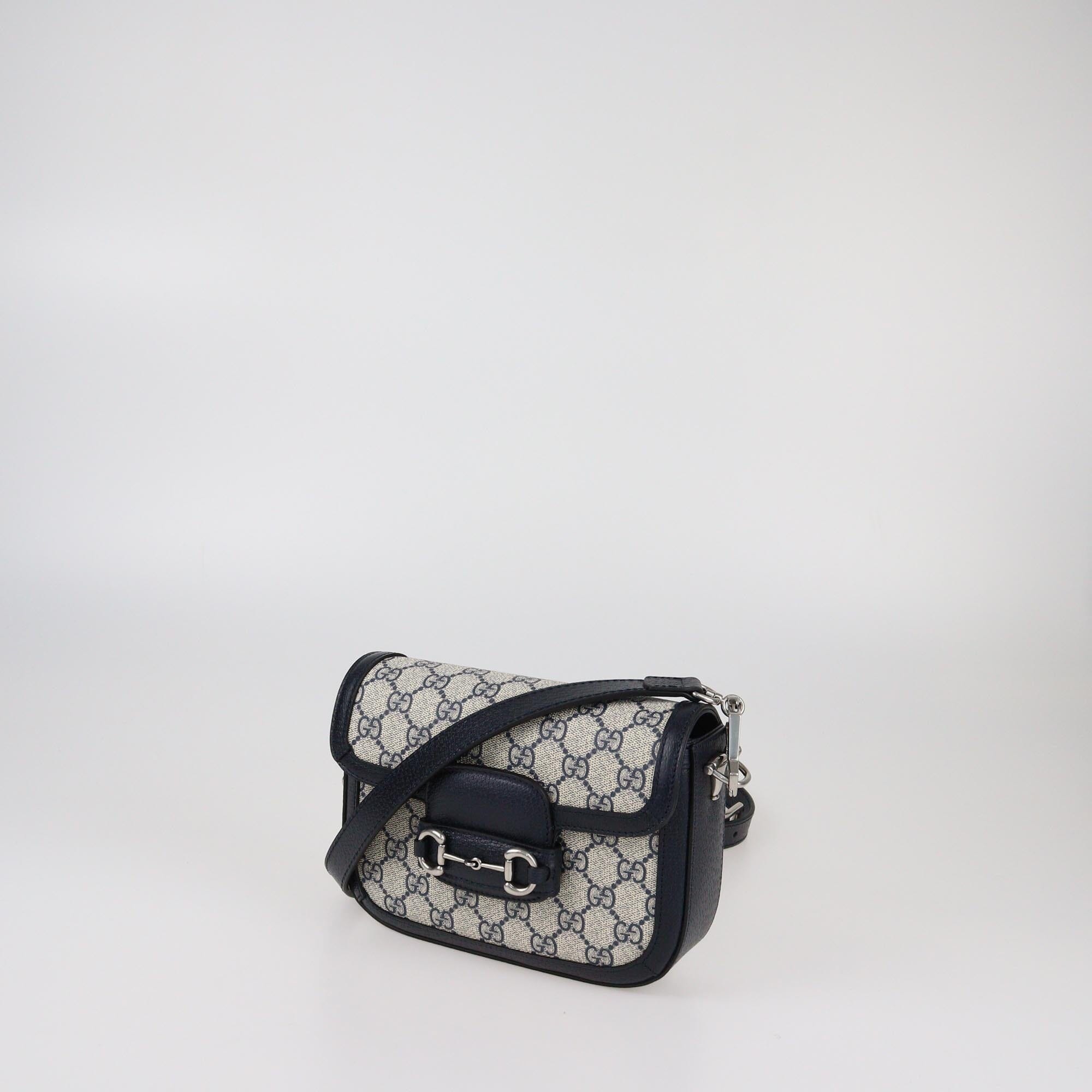Gucci Navy Blue/Beige GG Supreme Small Horsebit 1955 Shoulder Bag Womens Gucci