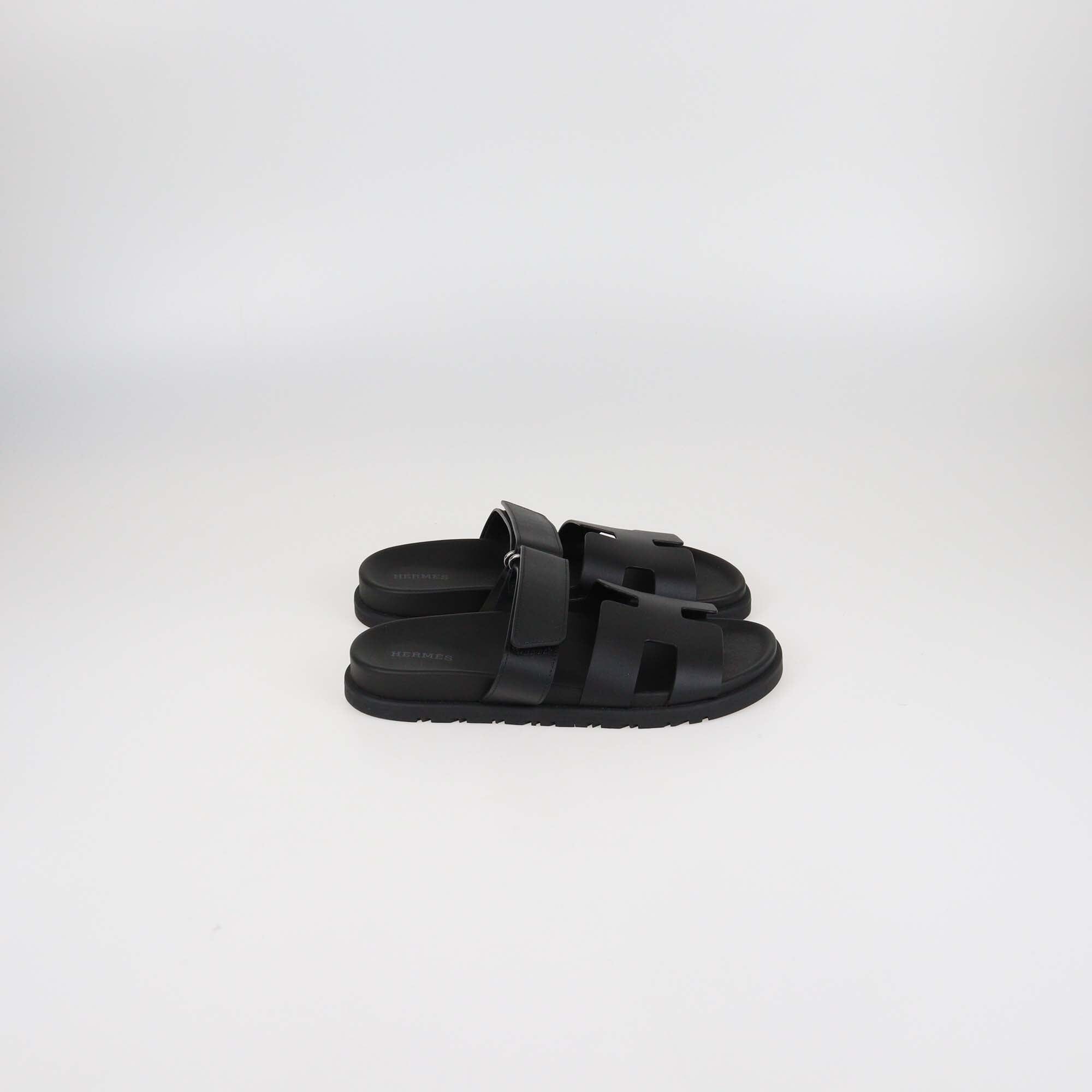 Hermès Black Leather Chypre Flat Sandals Womens Hermes