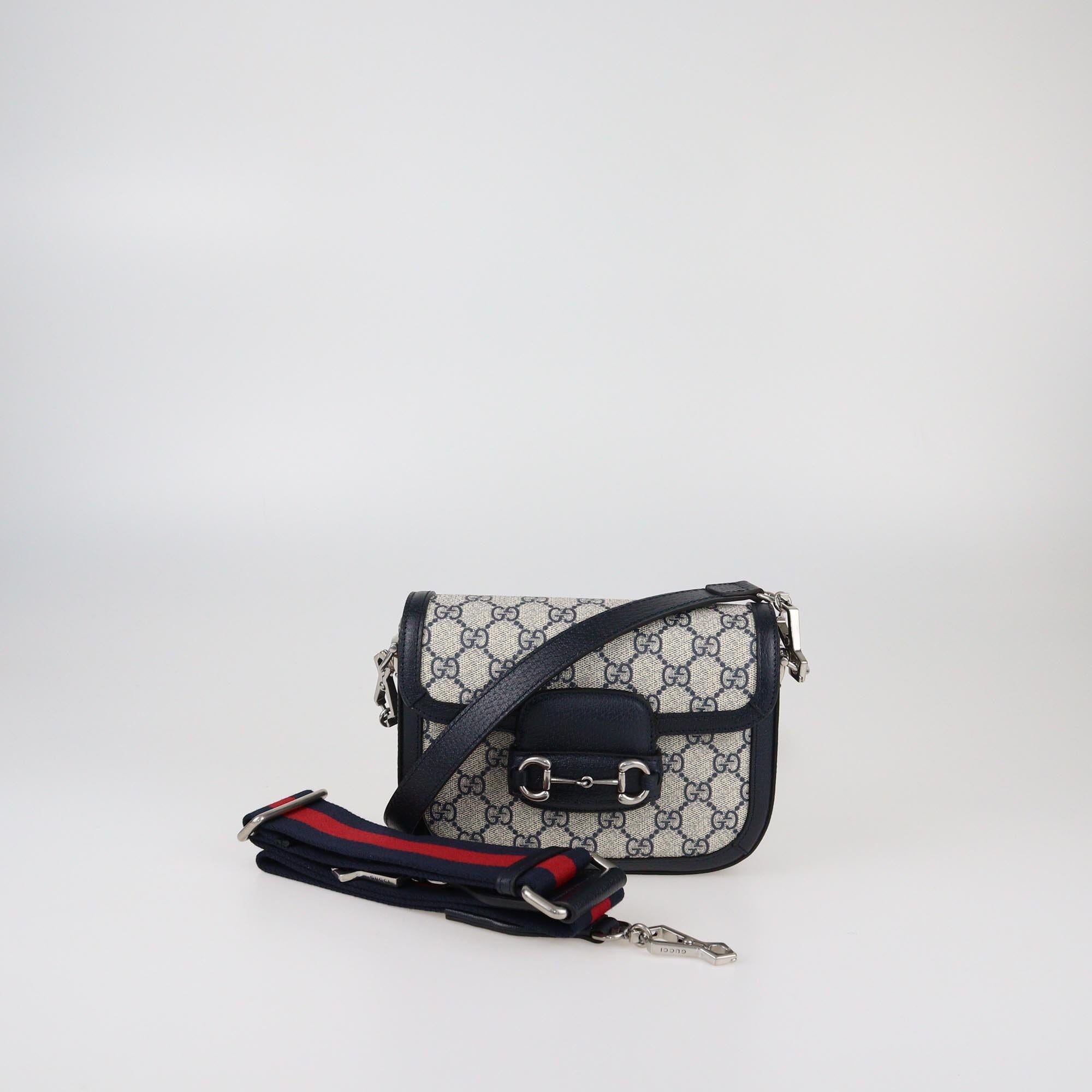 Gucci Navy Blue/Beige GG Supreme Small Horsebit 1955 Shoulder Bag Womens Gucci