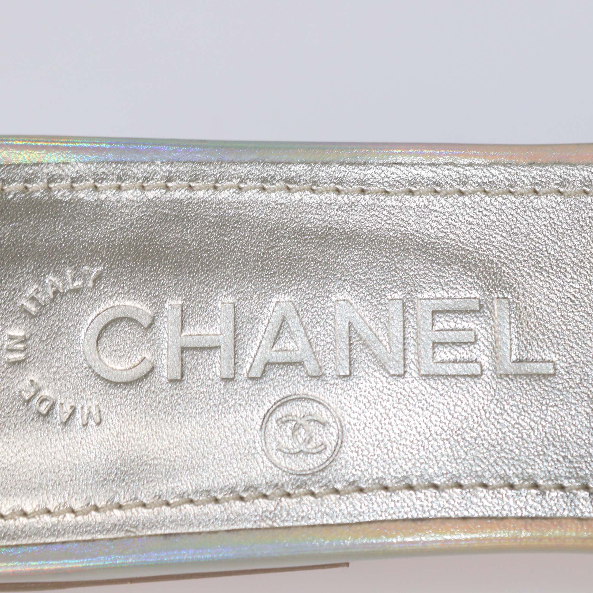 Chanel Metallic Leather Faux Pearl CC Flat Slides