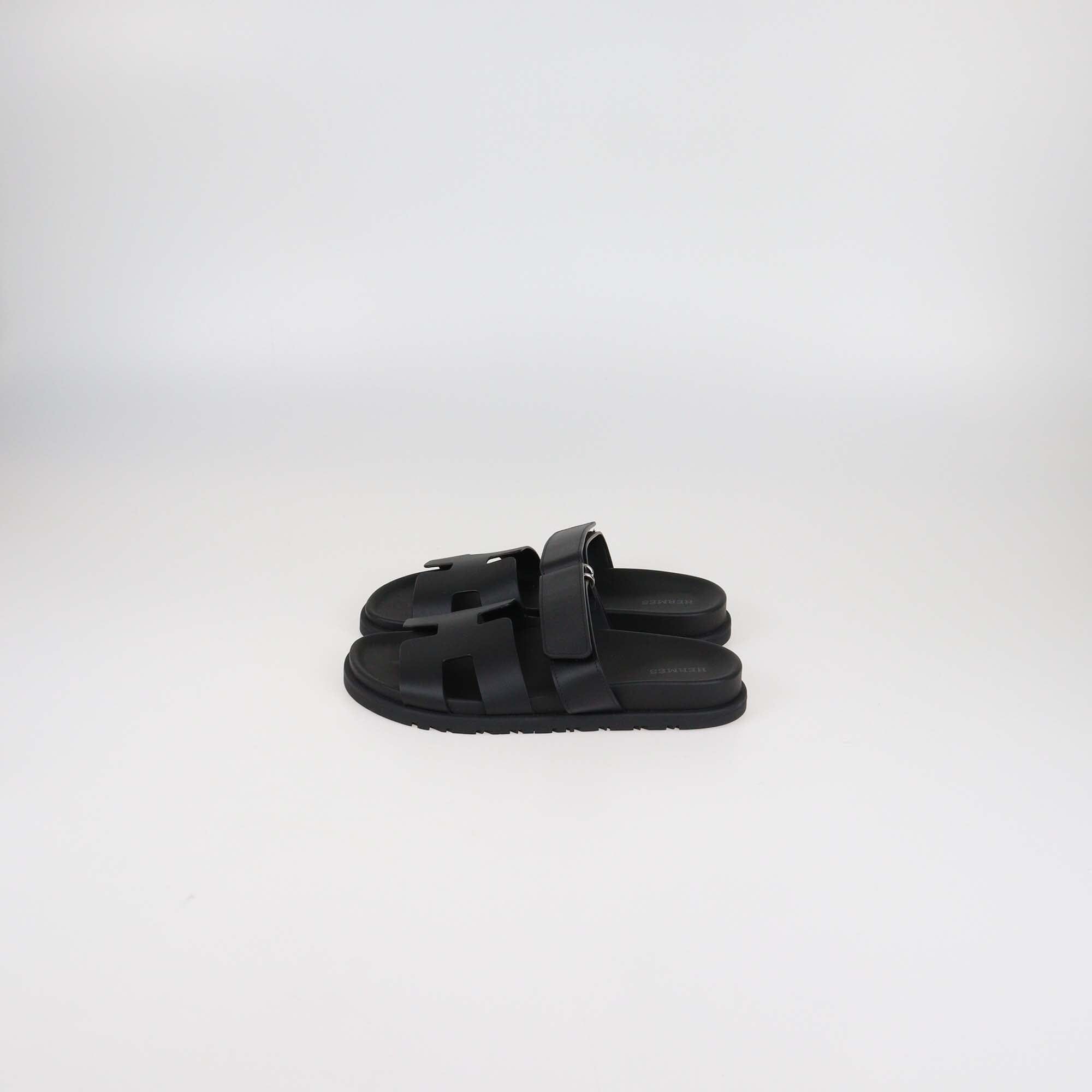 Hermès Black Leather Chypre Flat Sandals Womens Hermes