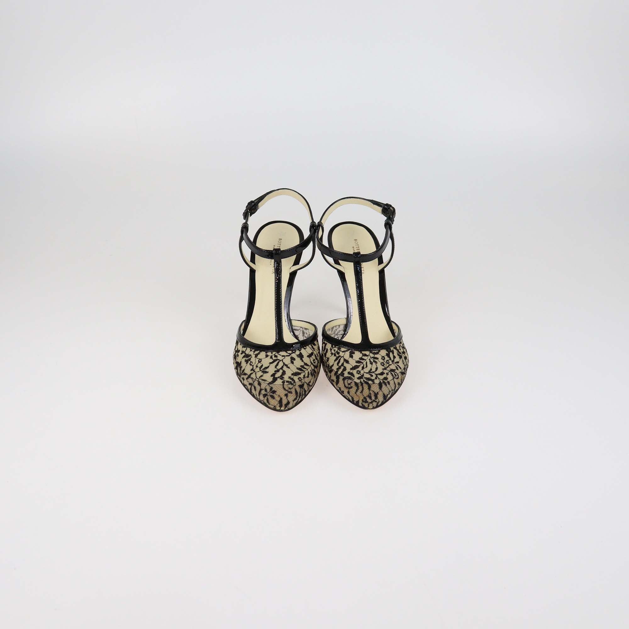 Bottega Veneta Black Patent Leather & Lace Ankle Strap Pumps