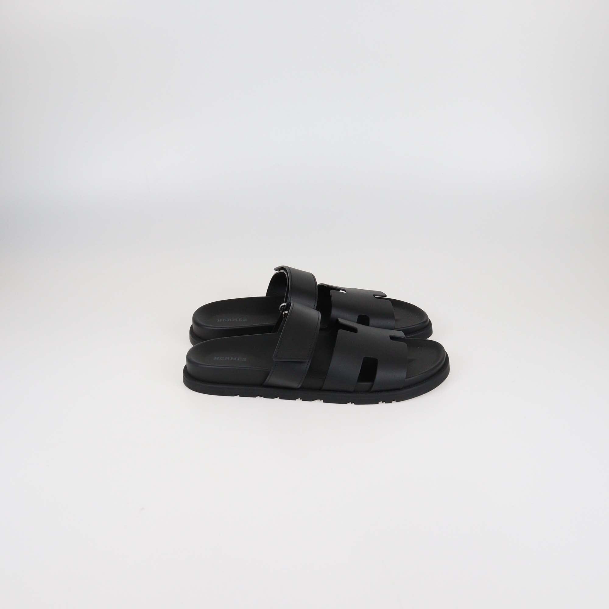 Hermès Black Leather Chypre Flat Sandals Mens Hermes