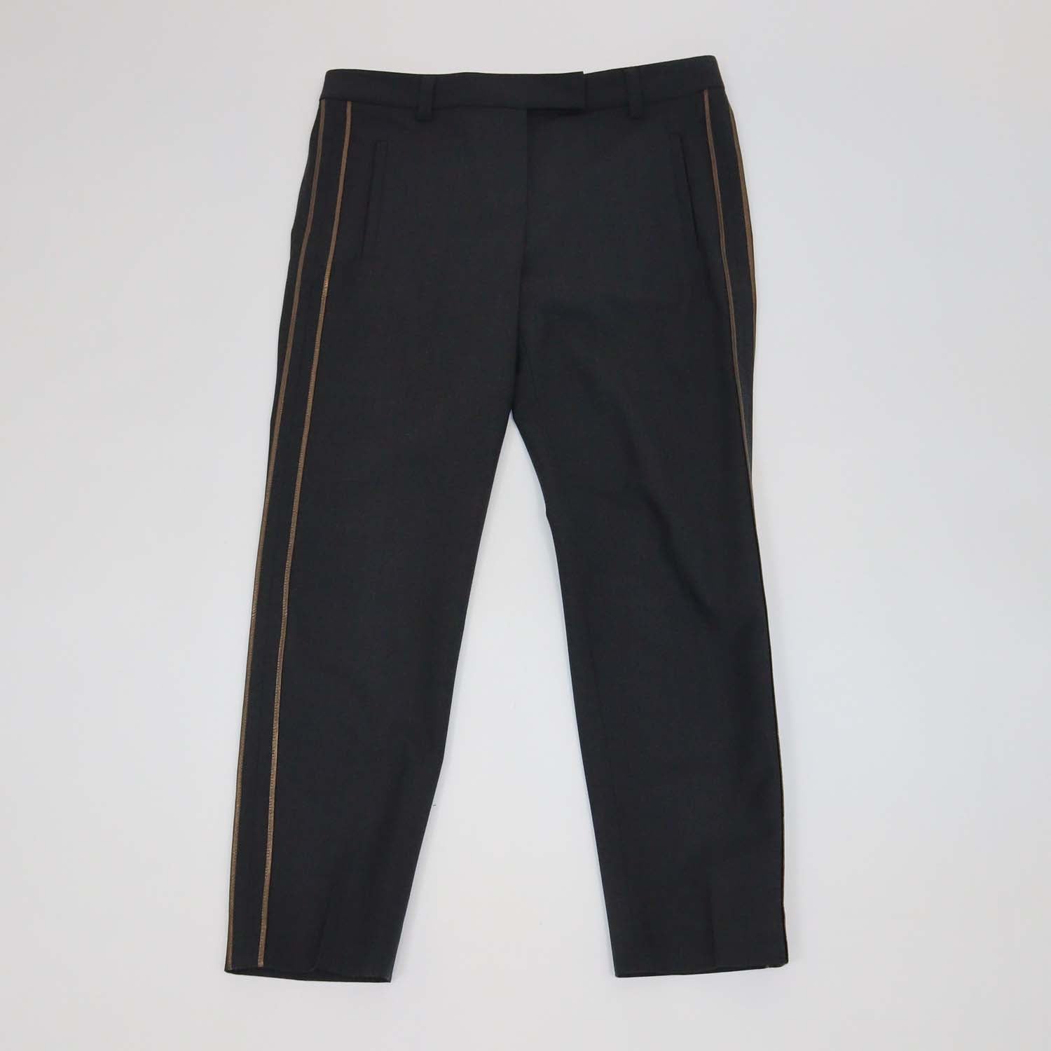 Brunello Cucinelli Grey Wool Blend Gold Stripe Straight Leg Pants