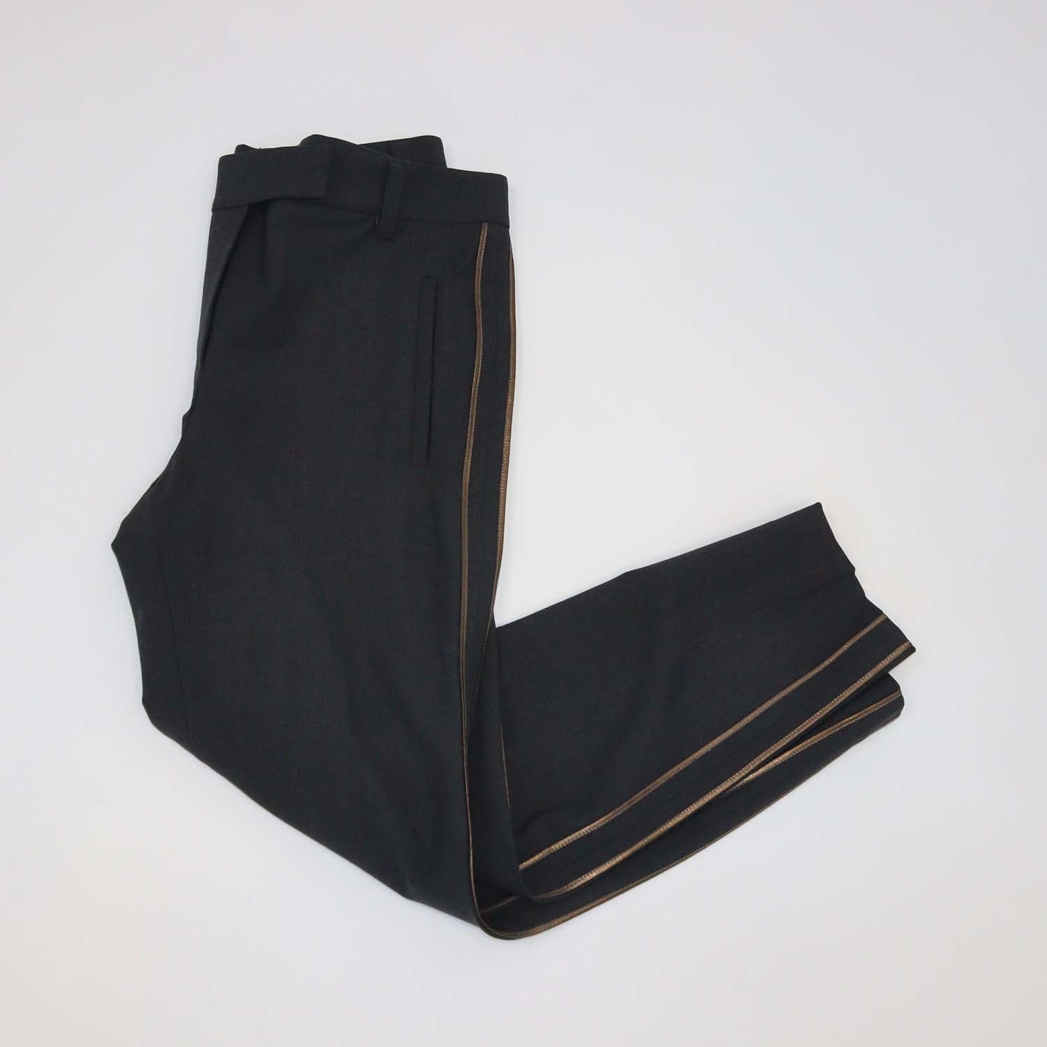 Brunello Cucinelli Grey Wool Blend Gold Stripe Straight Leg Pants