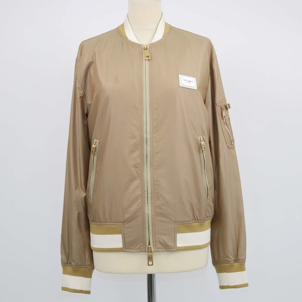 Dolce & Gabbana Brown,White Nylon Logo Plaque Bomber Jacket