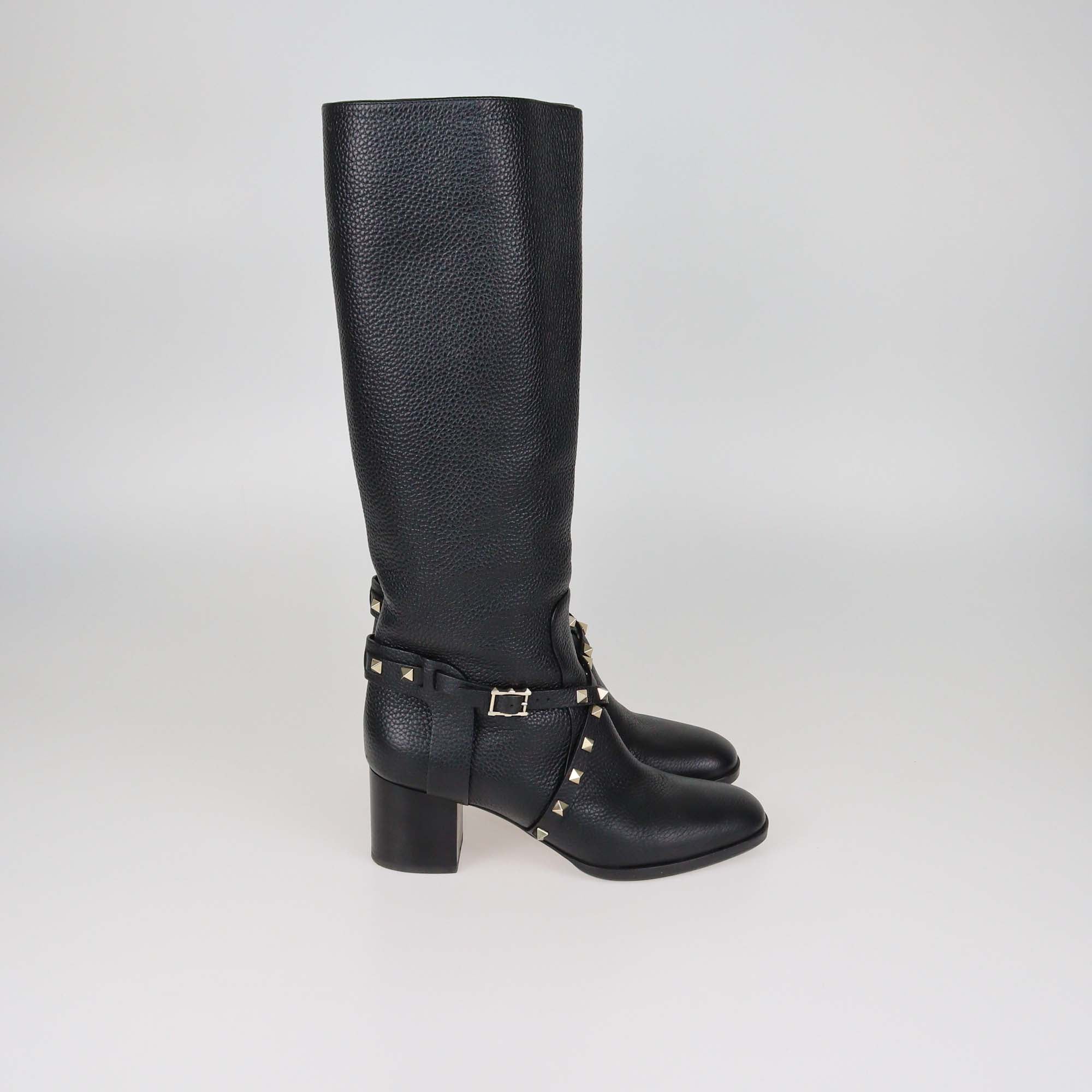 Valentino Black Leather Rockstud Buckle Riding Knee Length Boots