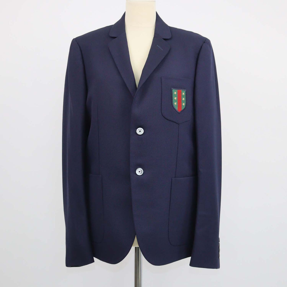 Gucci Navy Blue Blend Fabric Pocket Emblem Embroidered Single Breasted Blazer