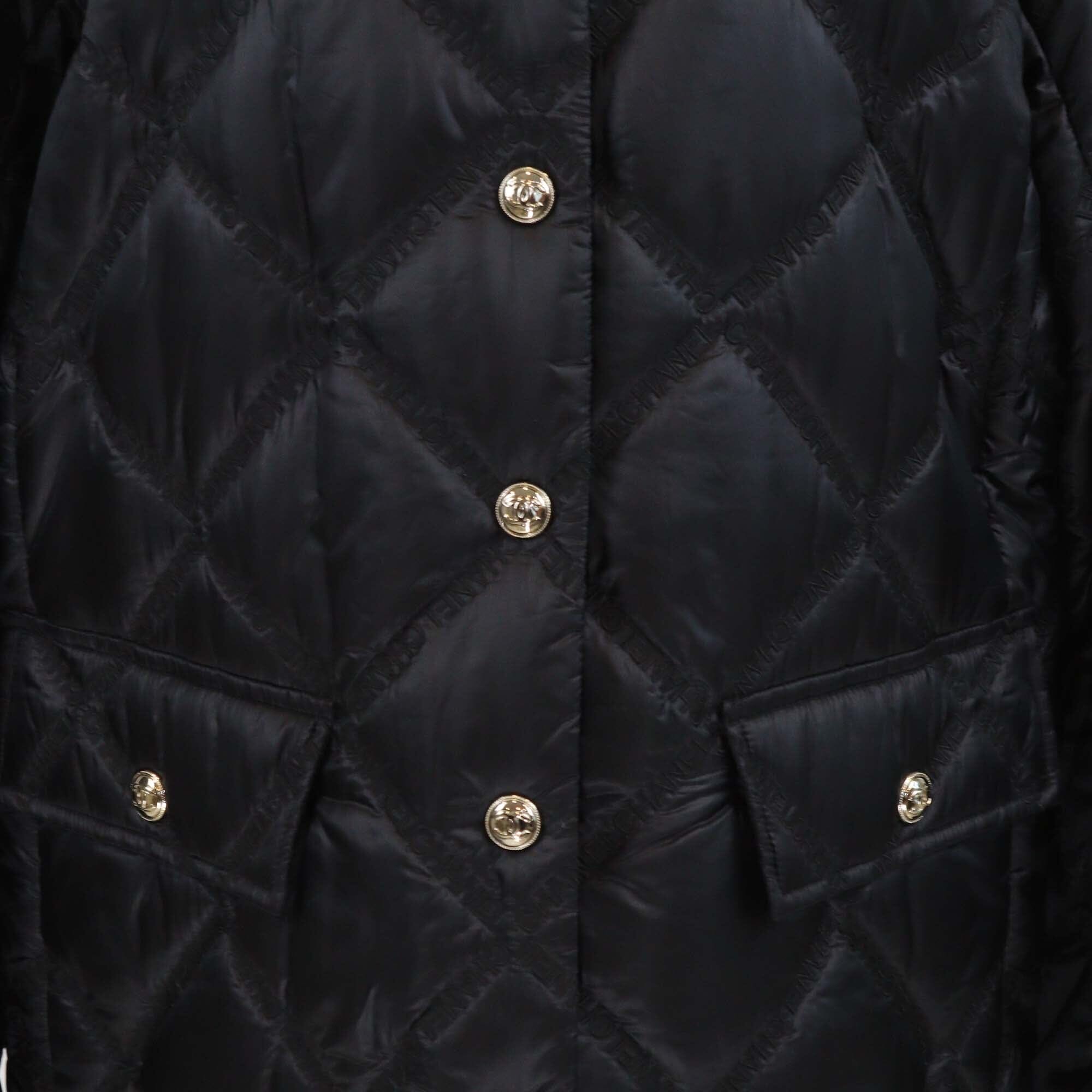 Chanel Black Nylon Embroidered Logo Padded Button Up Jacket Womens Chanel