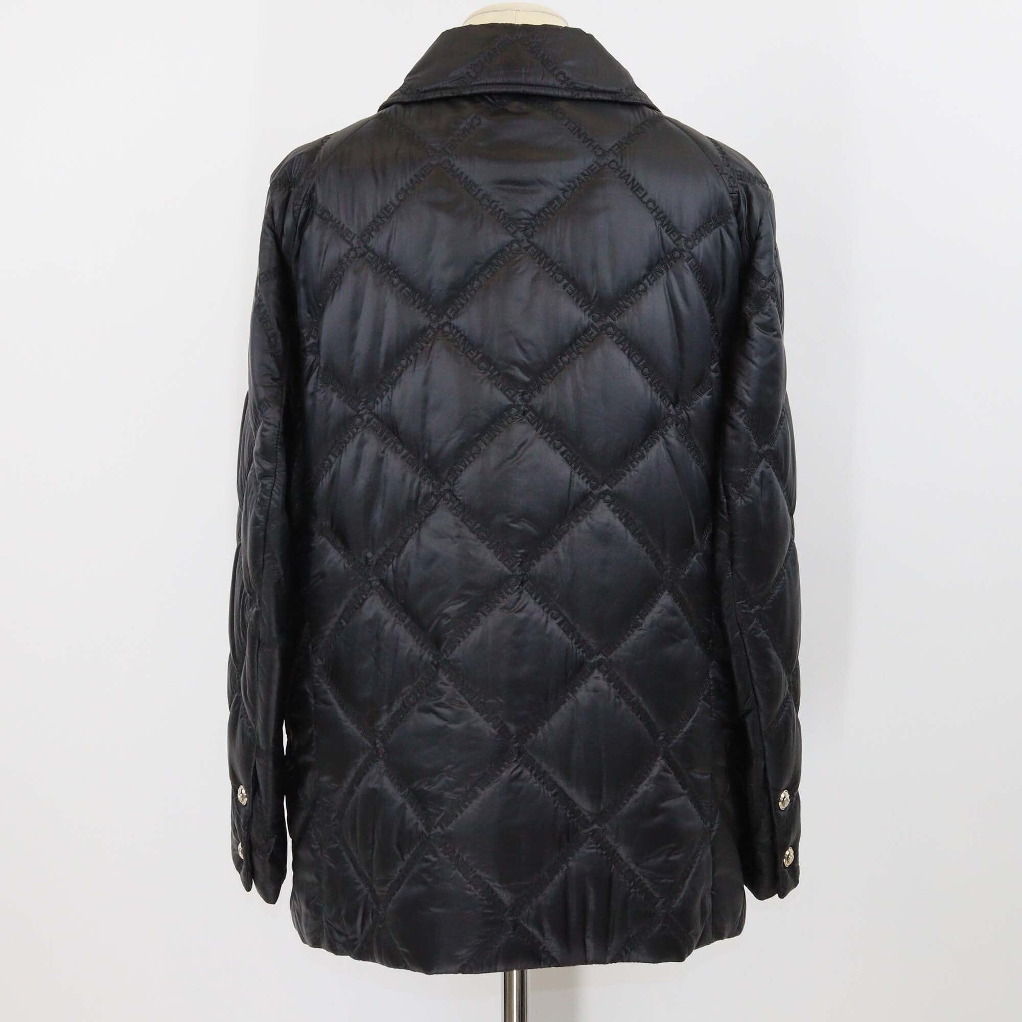 Chanel Black Nylon Embroidered Logo Padded Button Up Jacket Womens Chanel