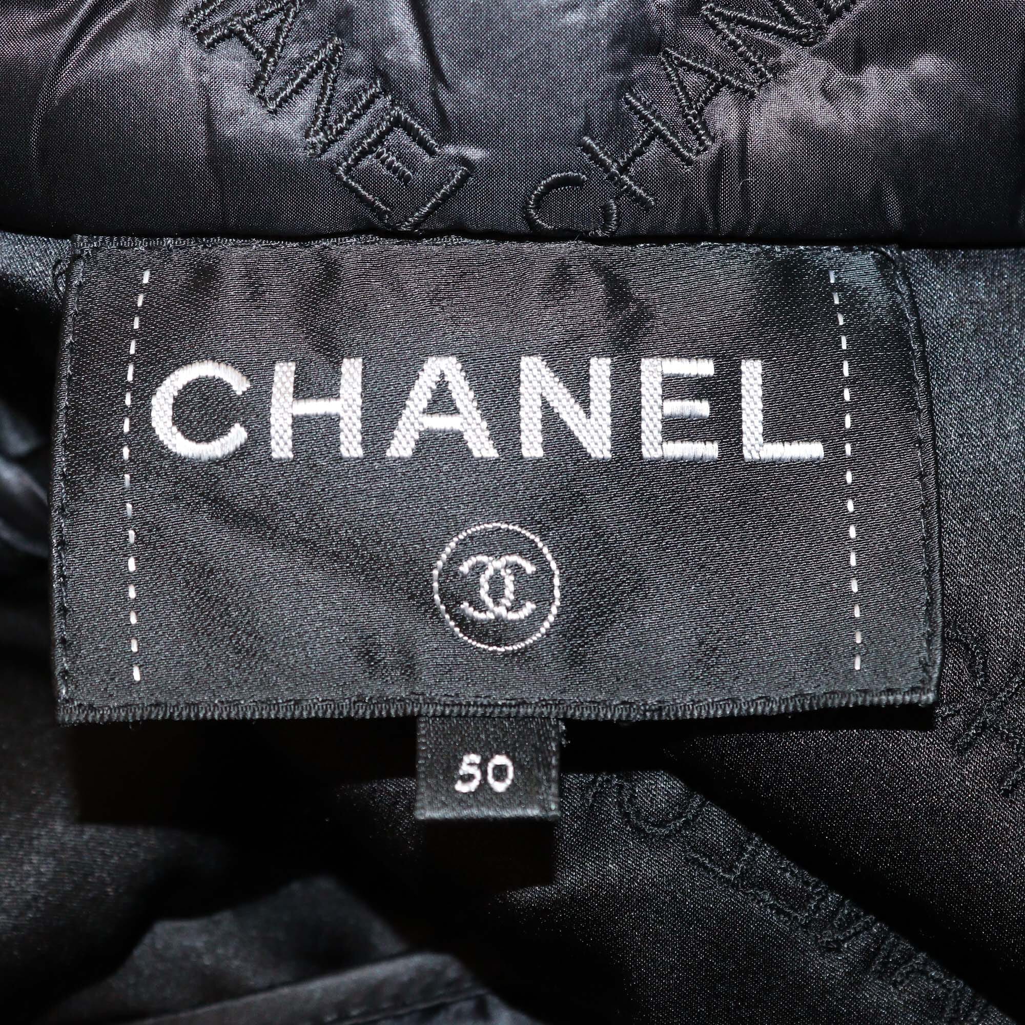 Chanel Black Nylon Embroidered Logo Padded Button Up Jacket Womens Chanel