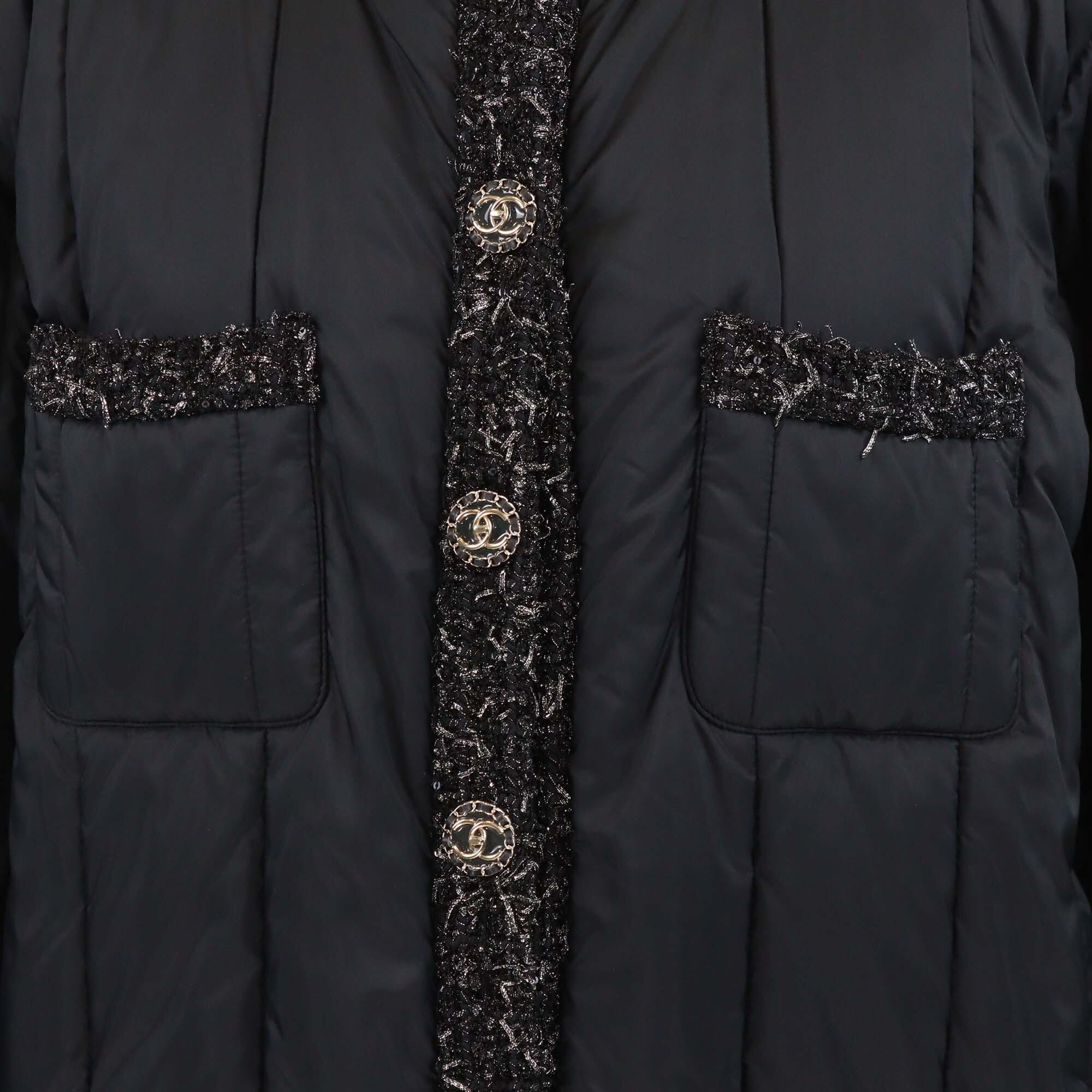 Chanel Black Nylon and Tweed CC Buttons Puffer Jacket Womens Chanel