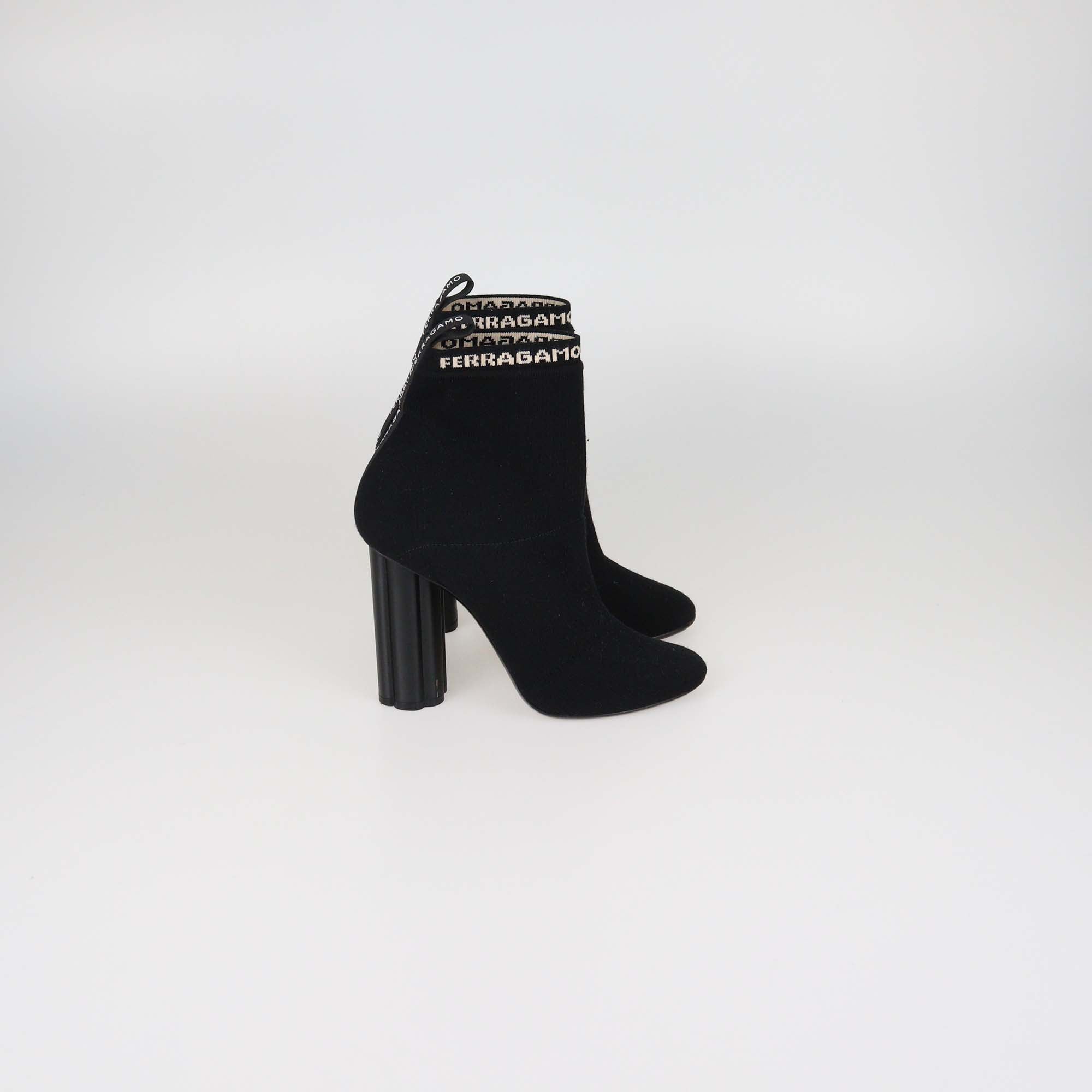 Salvatore Ferragamo Black Knitted Fabric Block Heel Booties