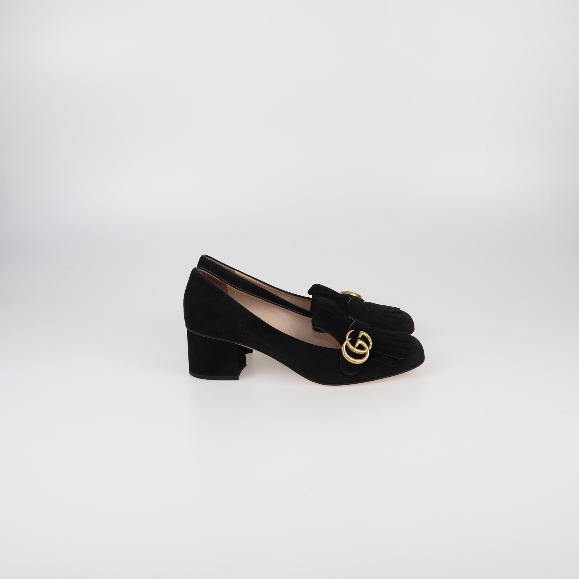 Gucci Black GG Marmont Fringe Block Heel Pumps Womens Gucci
