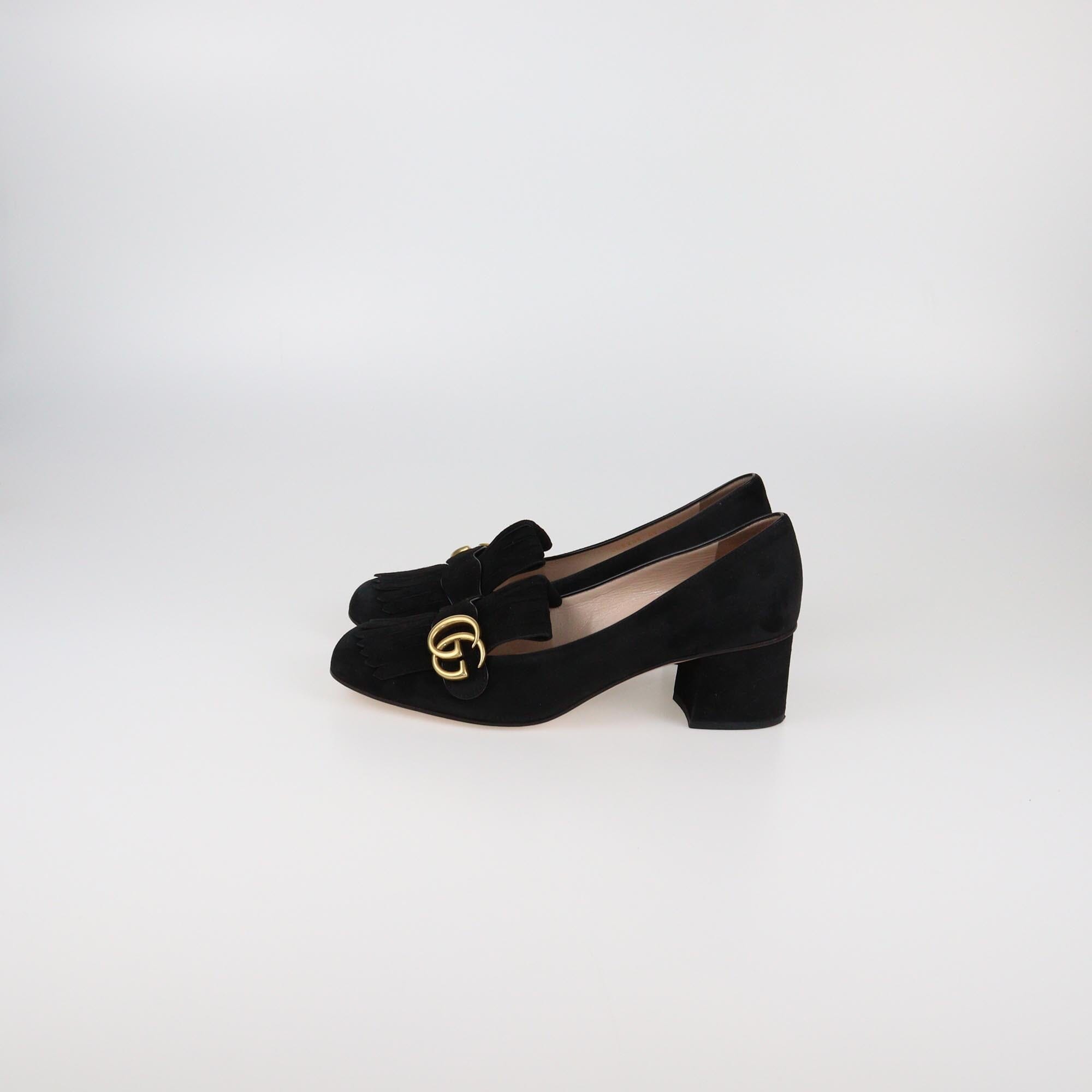 Gucci Black GG Marmont Fringe Block Heel Pumps Womens Gucci