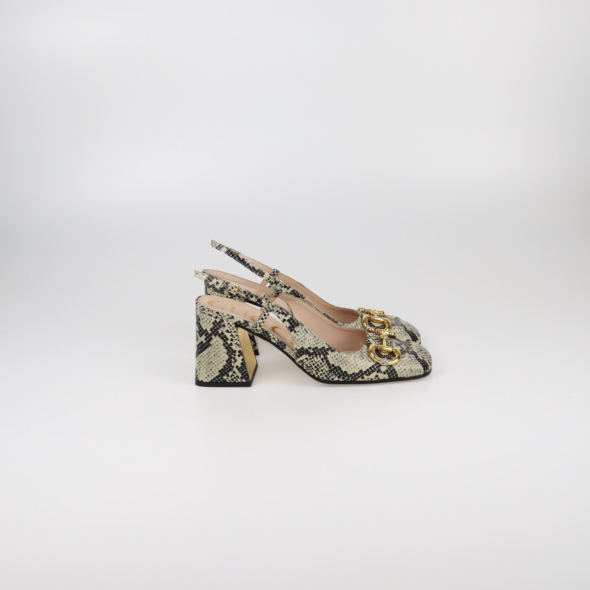 Gucci Beige/Black Python Embossed Horsebit Slingback Sandals Womens Gucci
