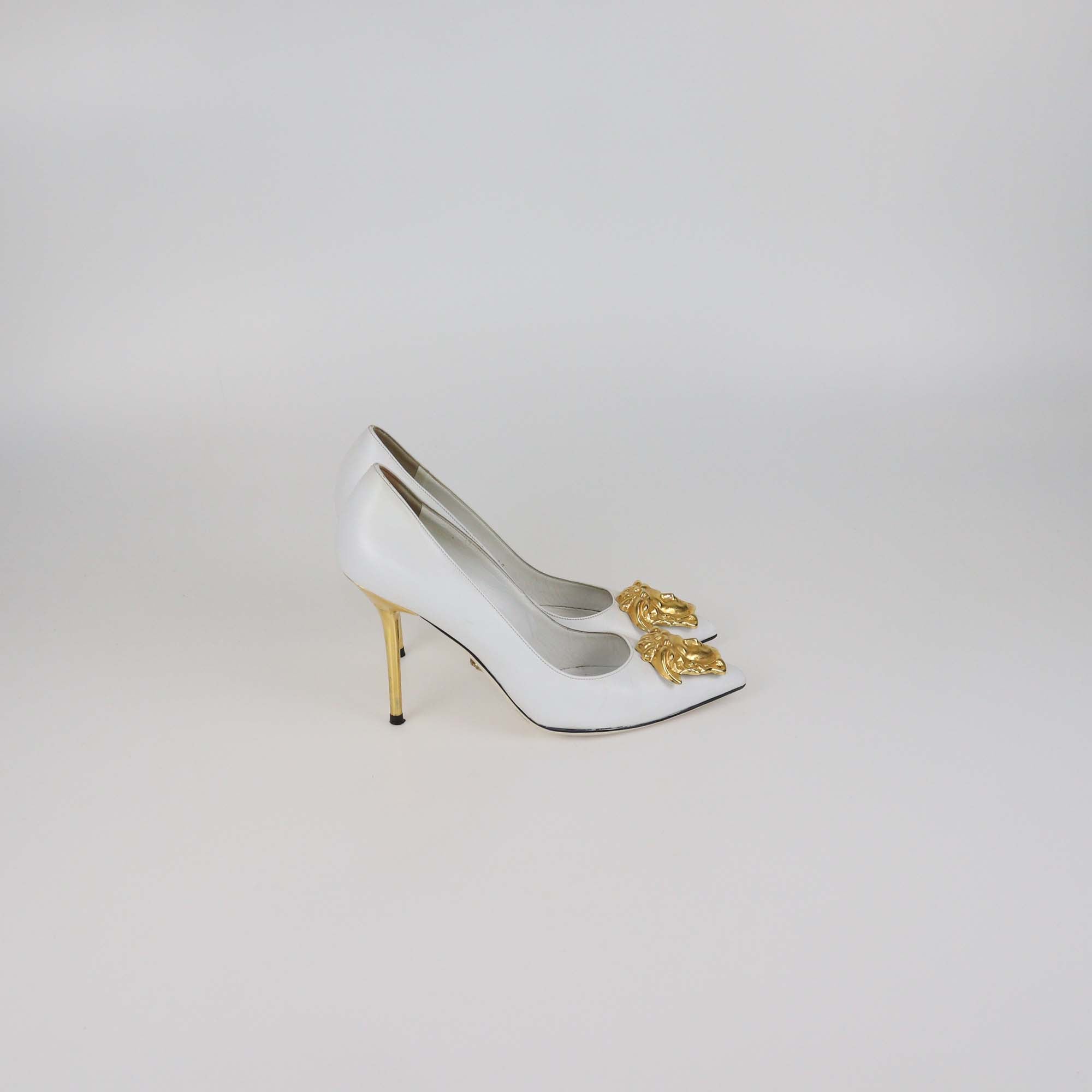 Versace White Leather Medusa Pointed Toe Pumps