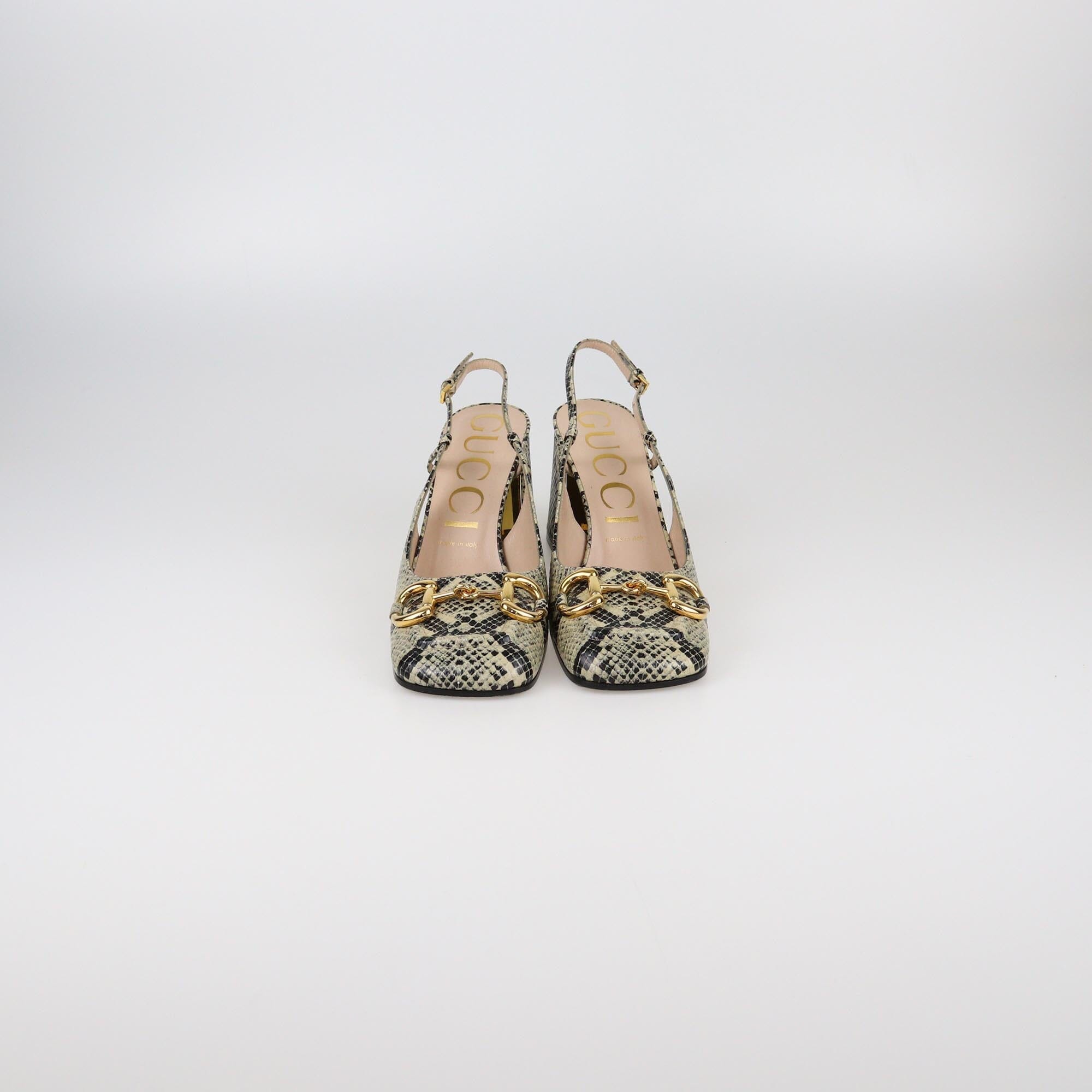Gucci Beige/Black Python Embossed Horsebit Slingback Sandals Womens Gucci