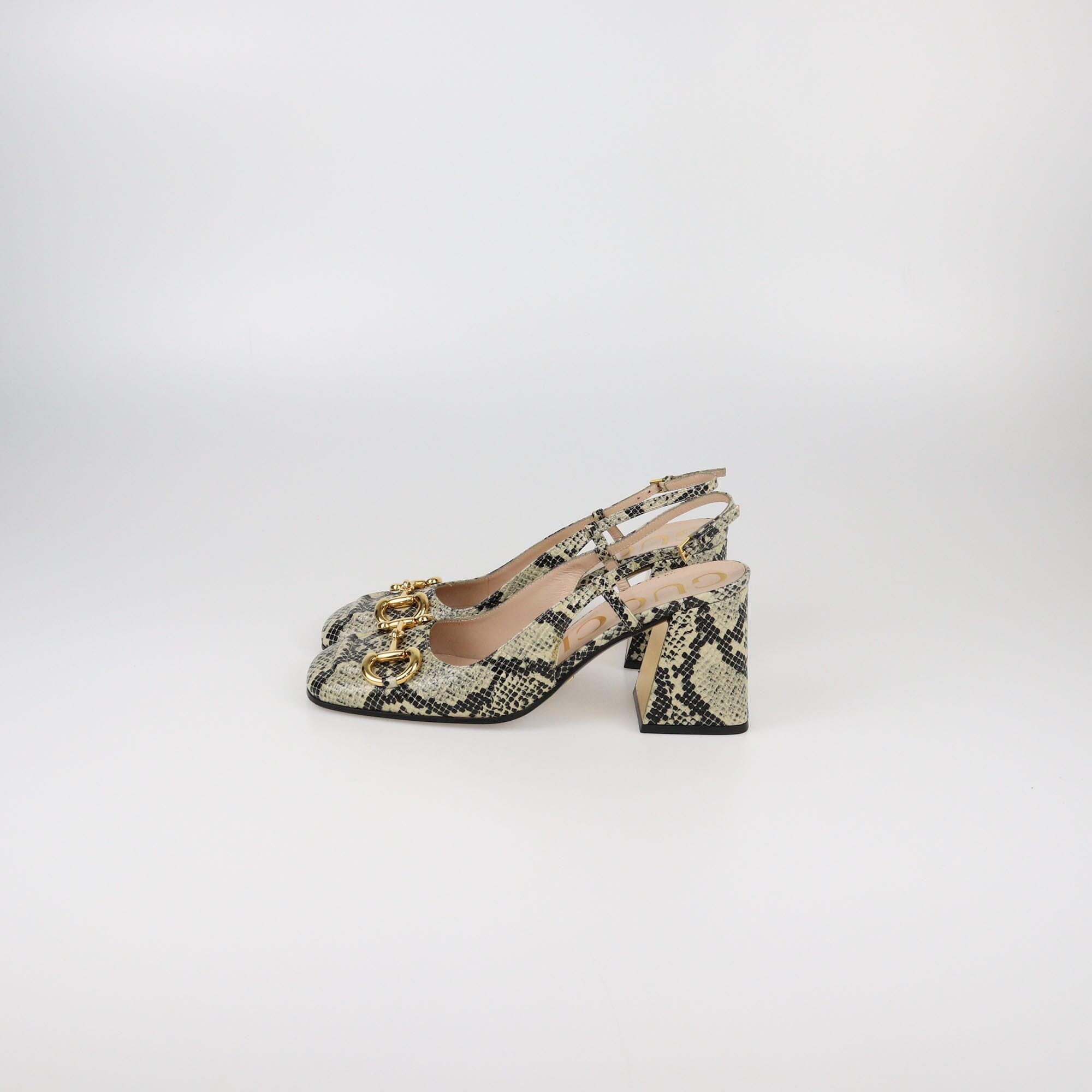 Gucci Beige/Black Python Embossed Horsebit Slingback Sandals Womens Gucci