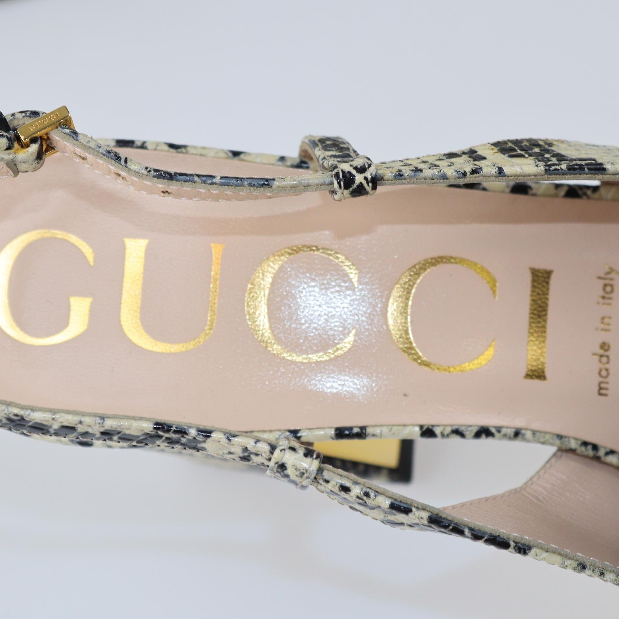 Gucci Beige/Black Python Embossed Horsebit Slingback Sandals Womens Gucci