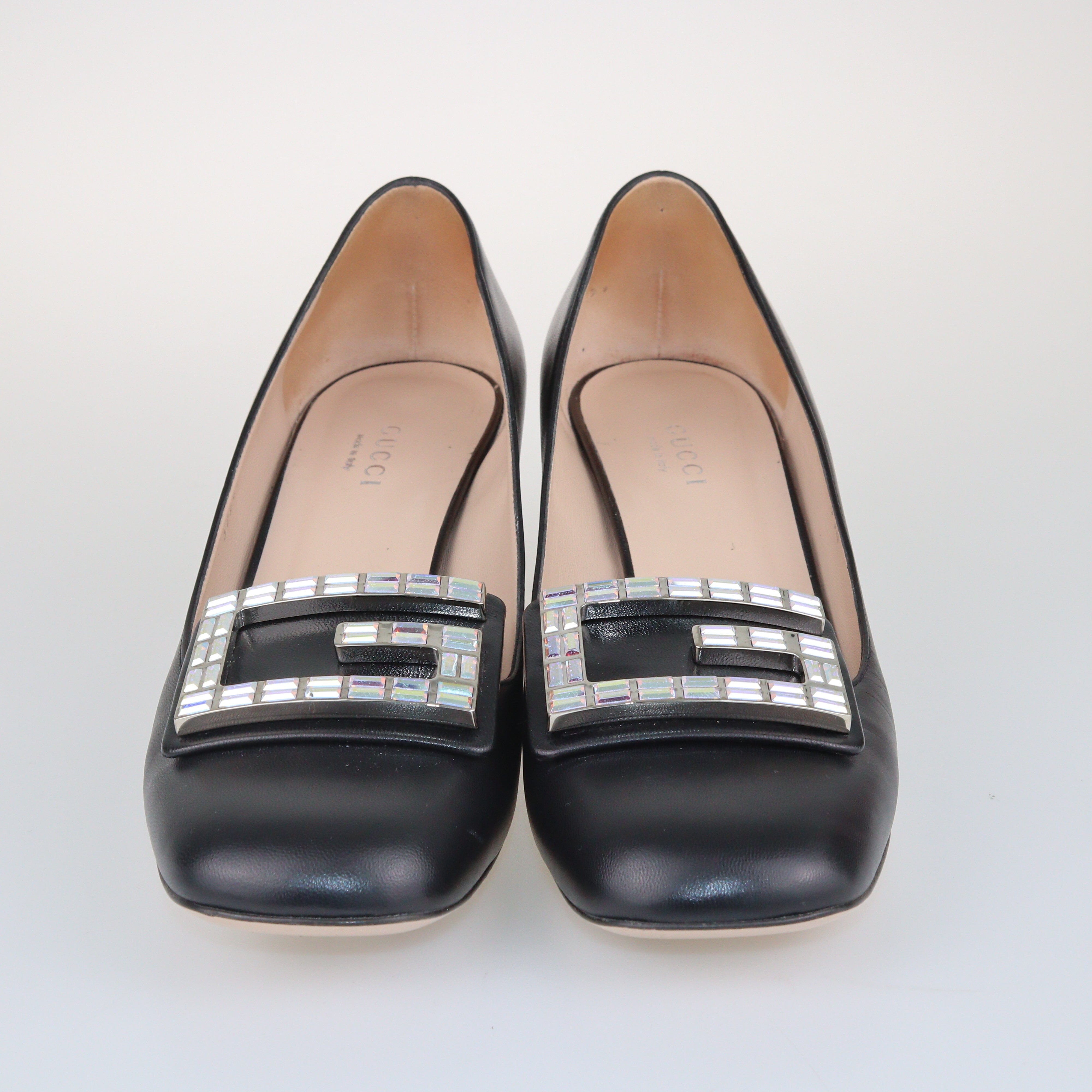 Black Crystal G Mid Heel Pumps Shoes Gucci