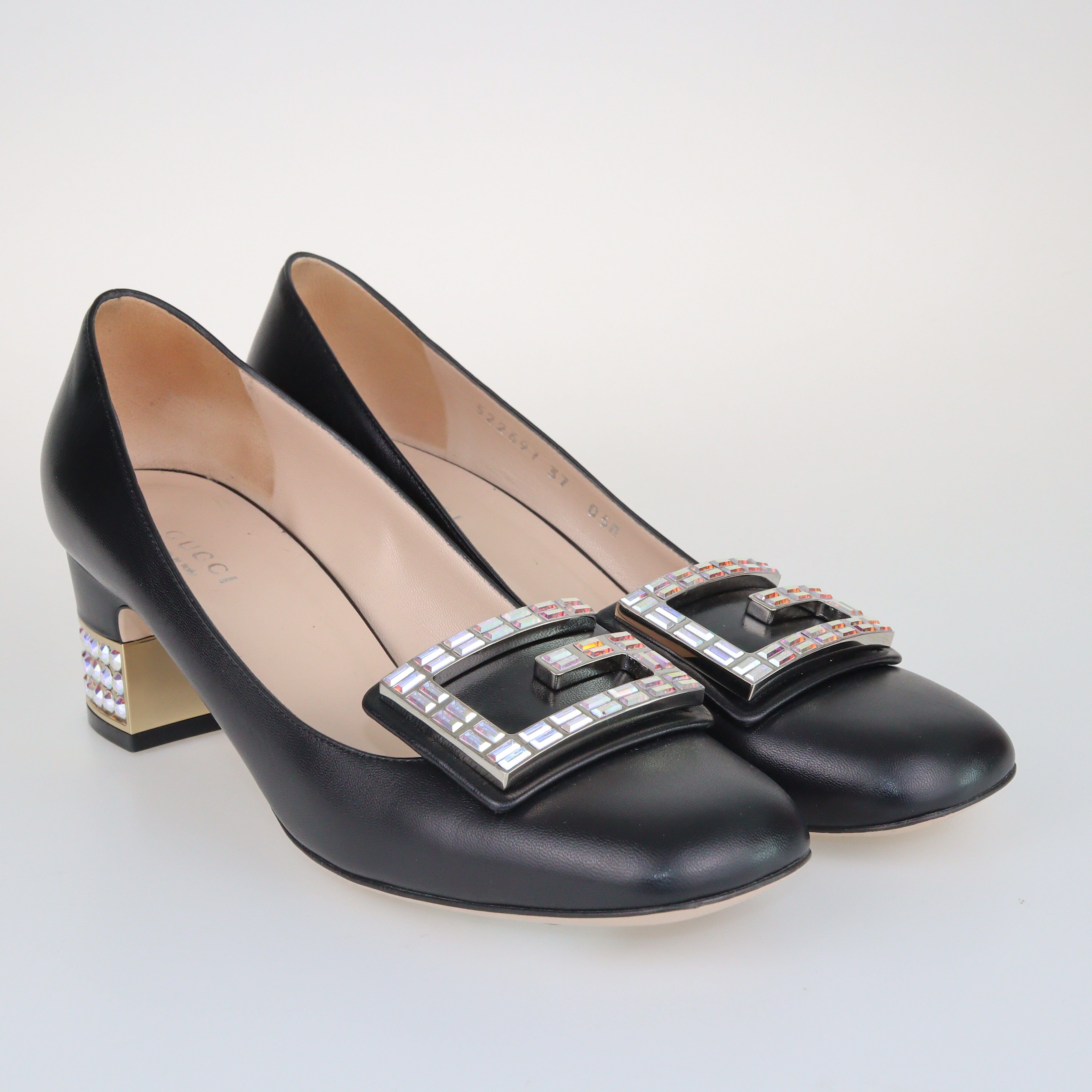 Black Crystal G Mid Heel Pumps Shoes Gucci