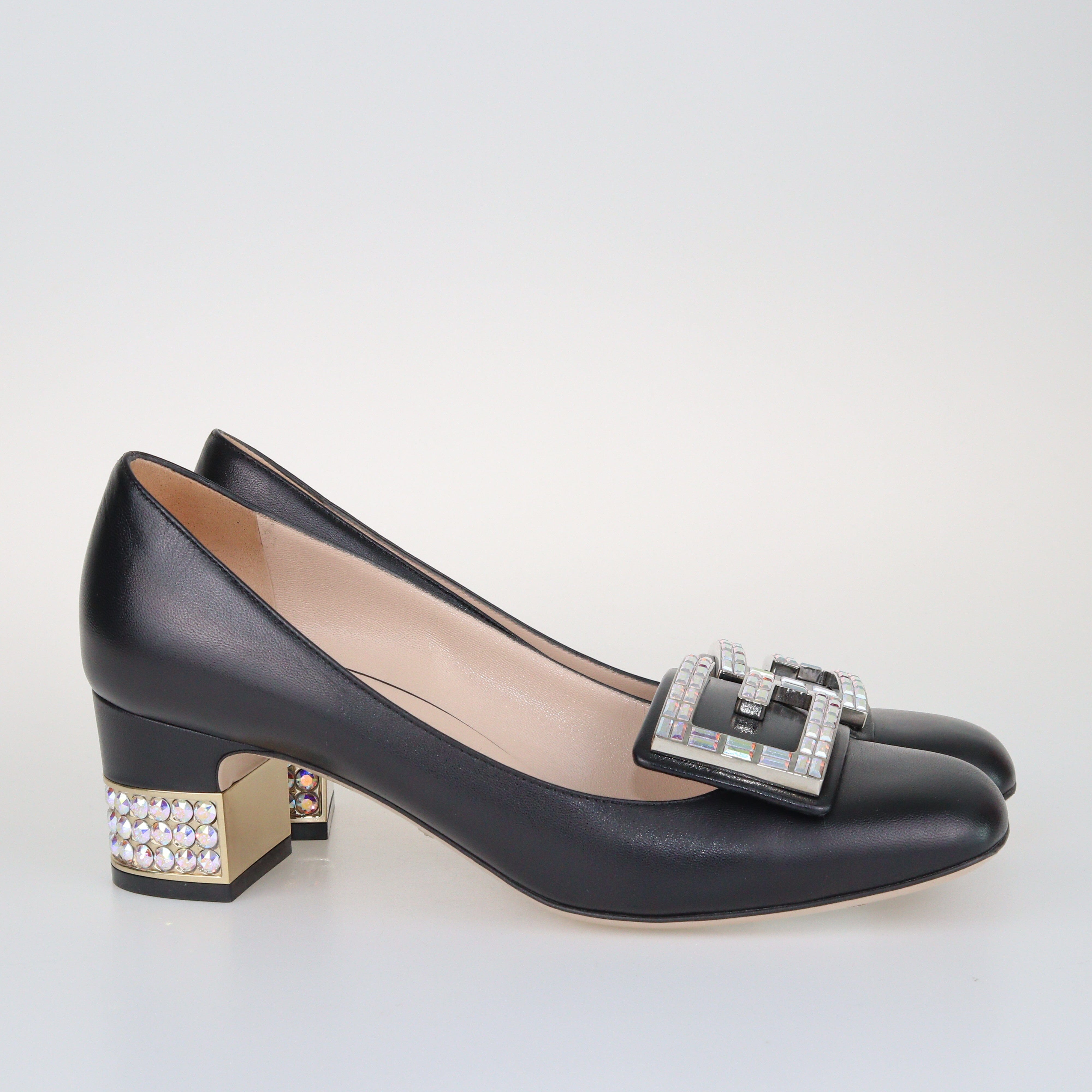 Black Crystal G Mid Heel Pumps Shoes Gucci