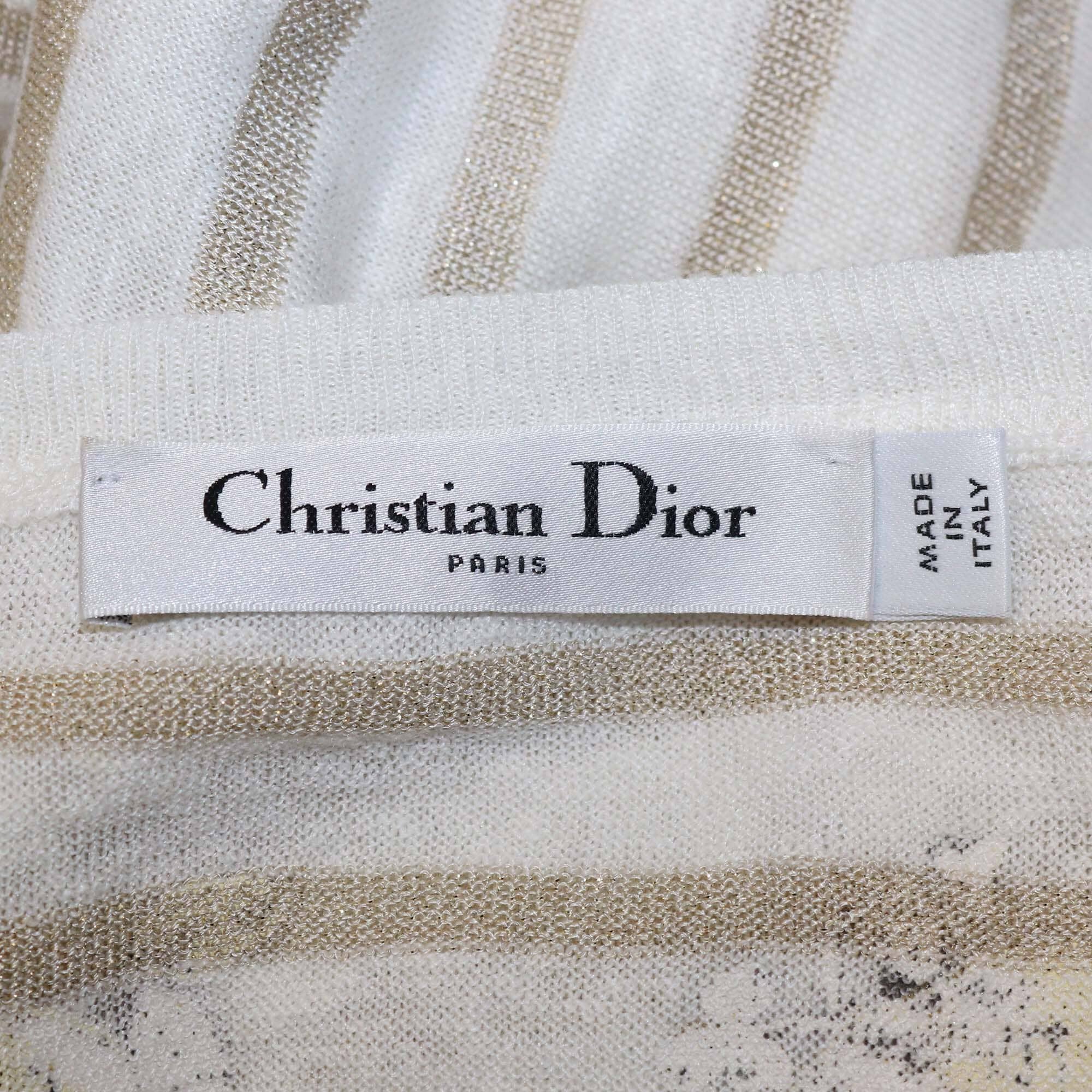 Christian Dior White/Gold Monochrome Stripe Around The World Star Print Sweater Womens Christian Dior