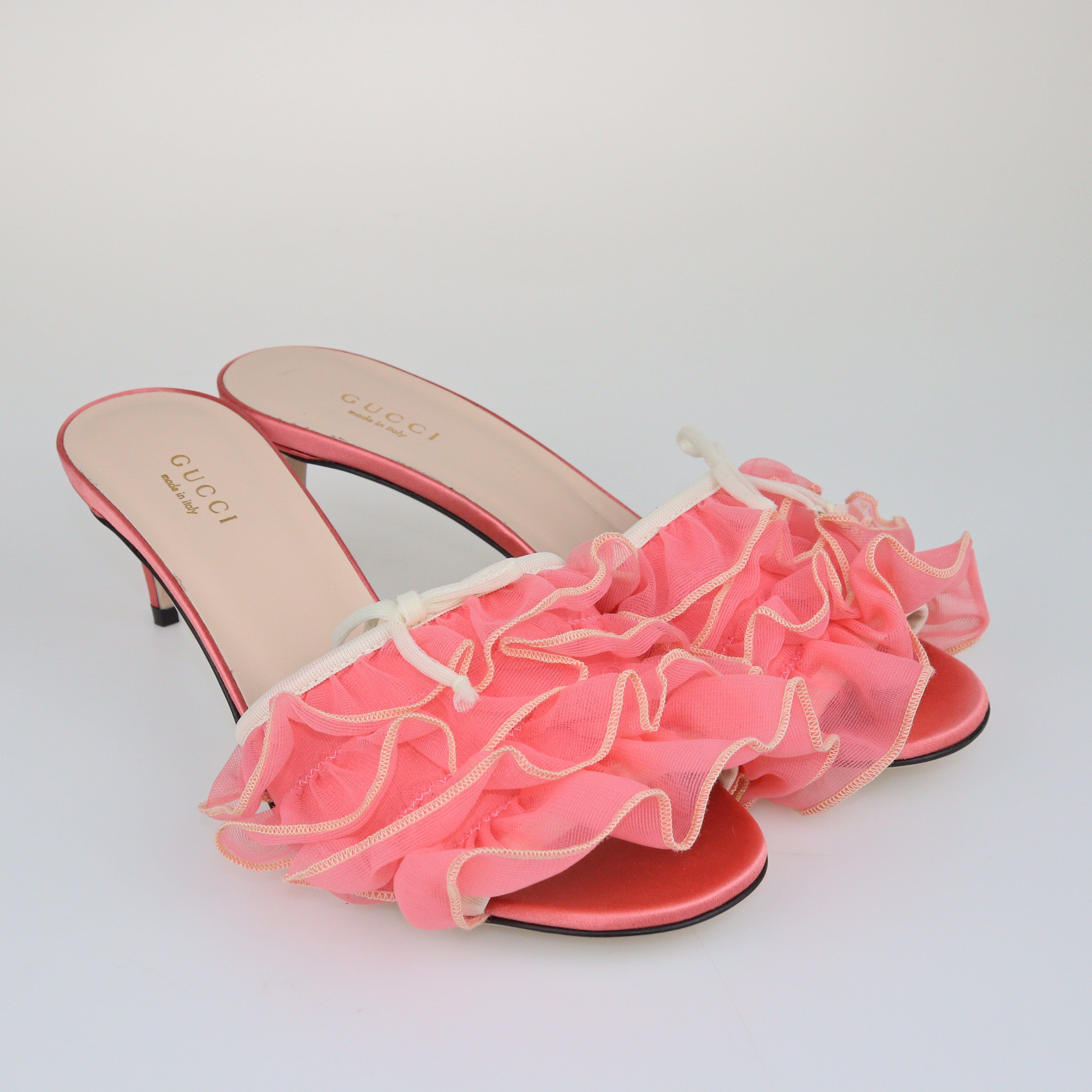 Pink Ruffle Detail Mules Shoes Gucci 