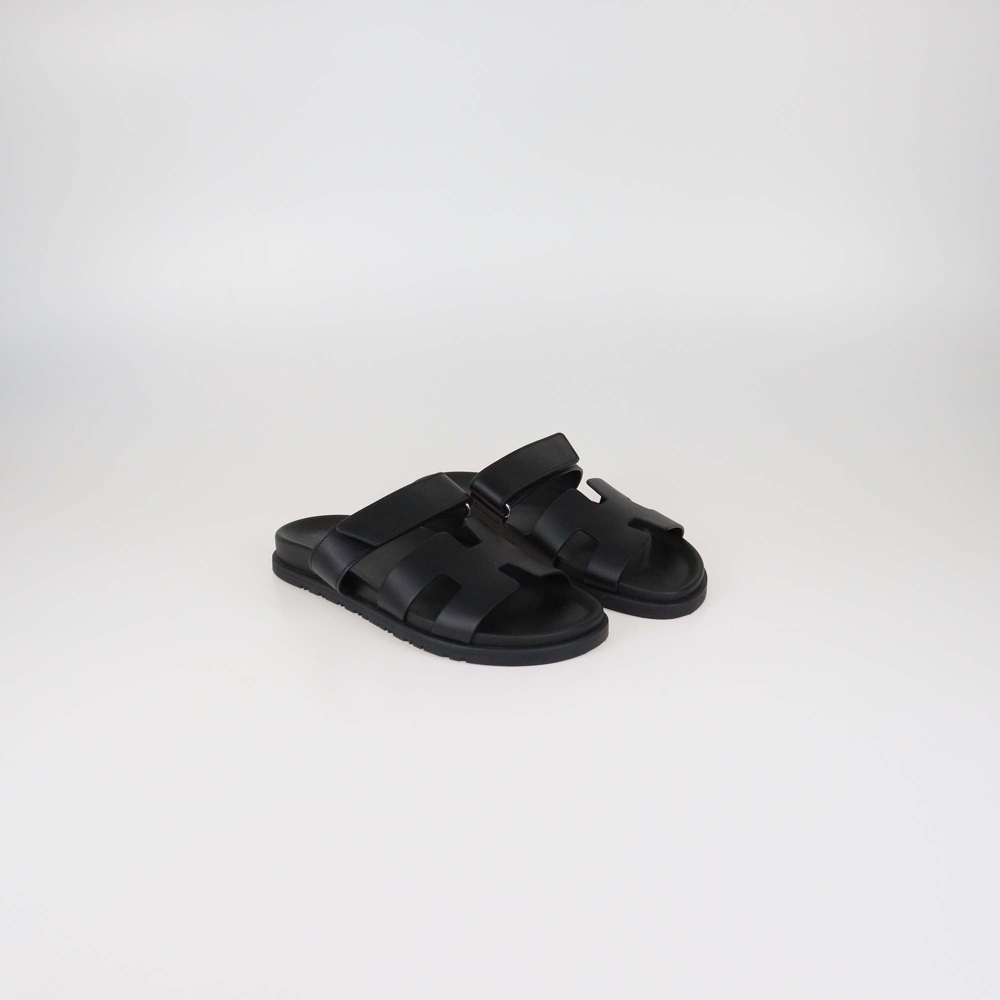 Hermes Black Leather Chypre Slide Sandals