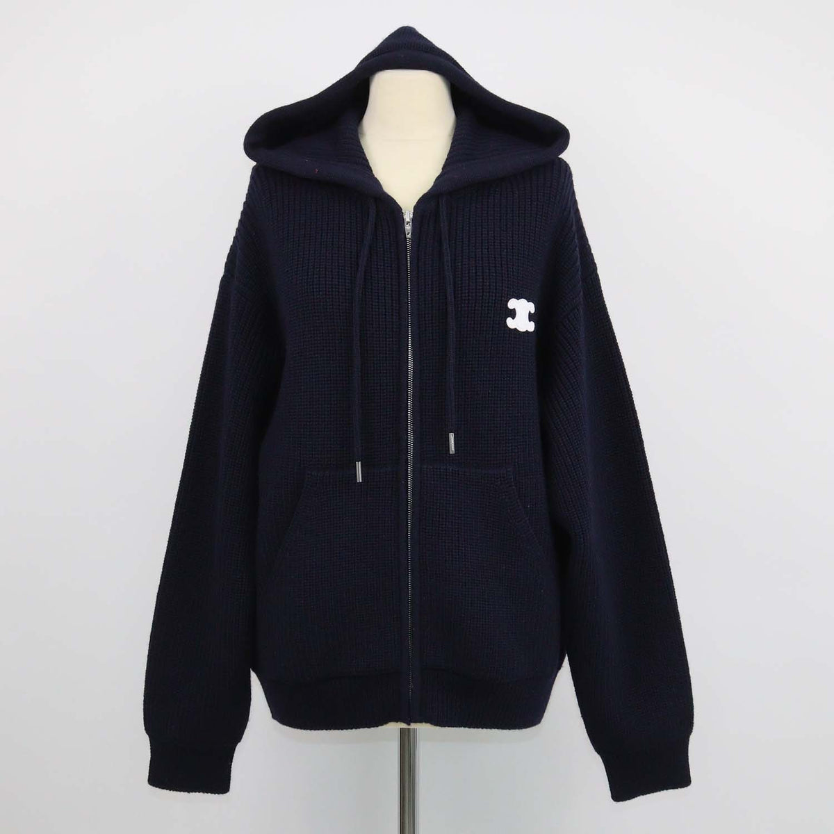 Celine Navy Blue Ribbed Wool Triomphe Hooded Cardigan