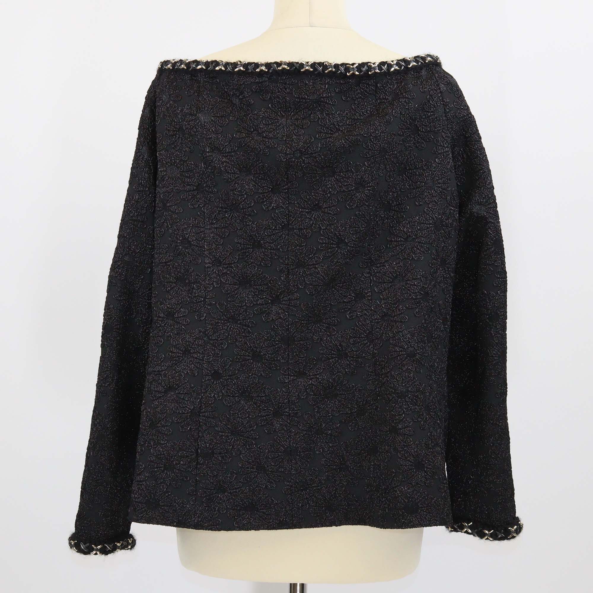 Chanel Black Embroidered Camellia Two Pocket Off Shoulder Button Up Jacket Womens Chanel