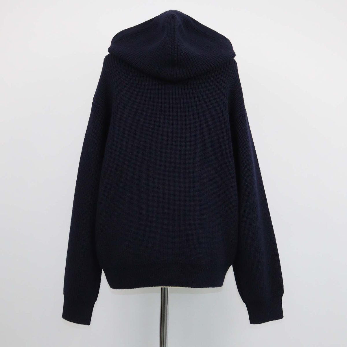 Celine Navy Blue Ribbed Wool Triomphe Hooded Cardigan