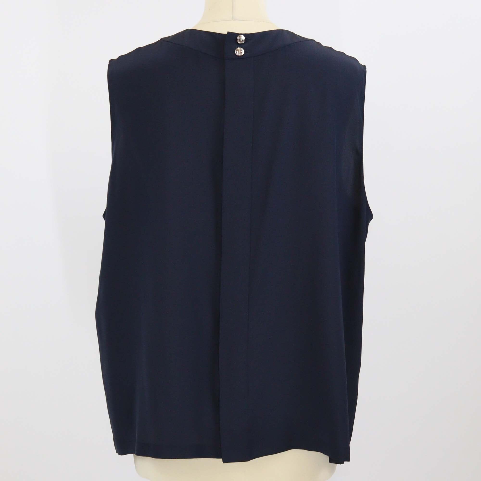 Chanel Navy Blue Silk Pleated Sleeveless Blouse Womens Chanel