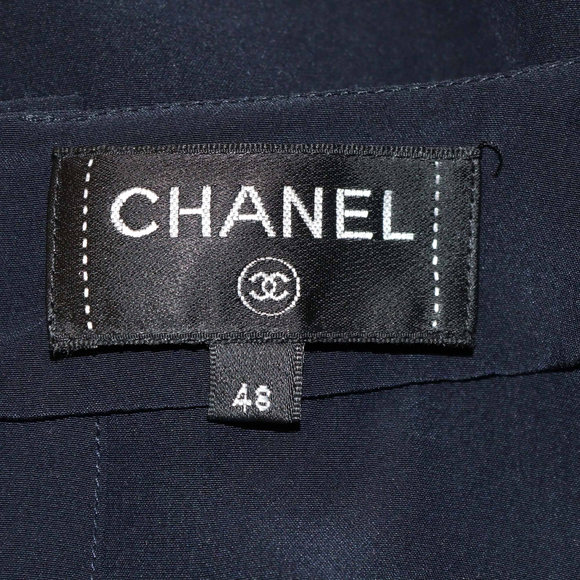 Chanel Navy Blue Silk Pleated Sleeveless Blouse Womens Chanel