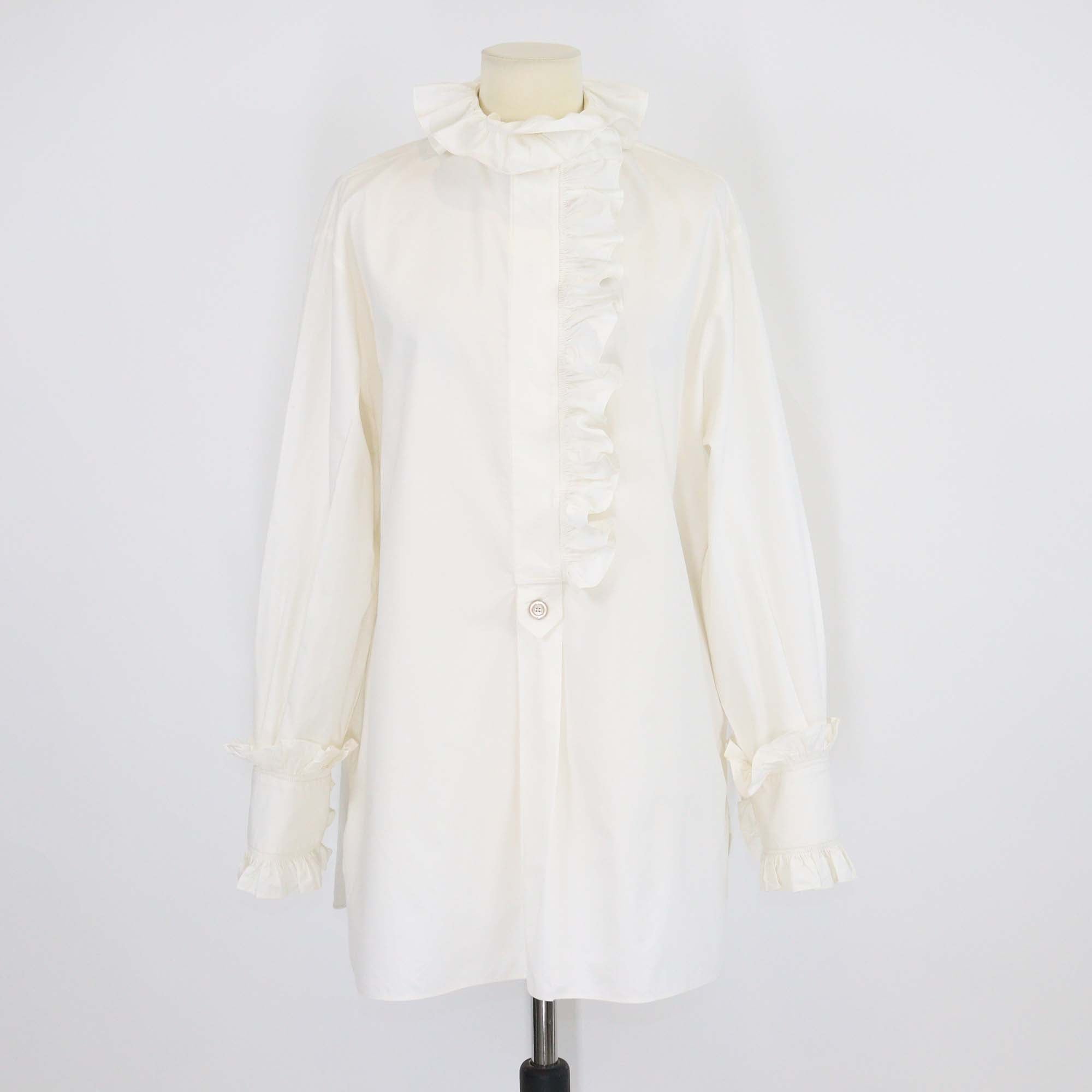 Gucci Off White Cotton Ruffled Long Sleeve Shirt Blouse