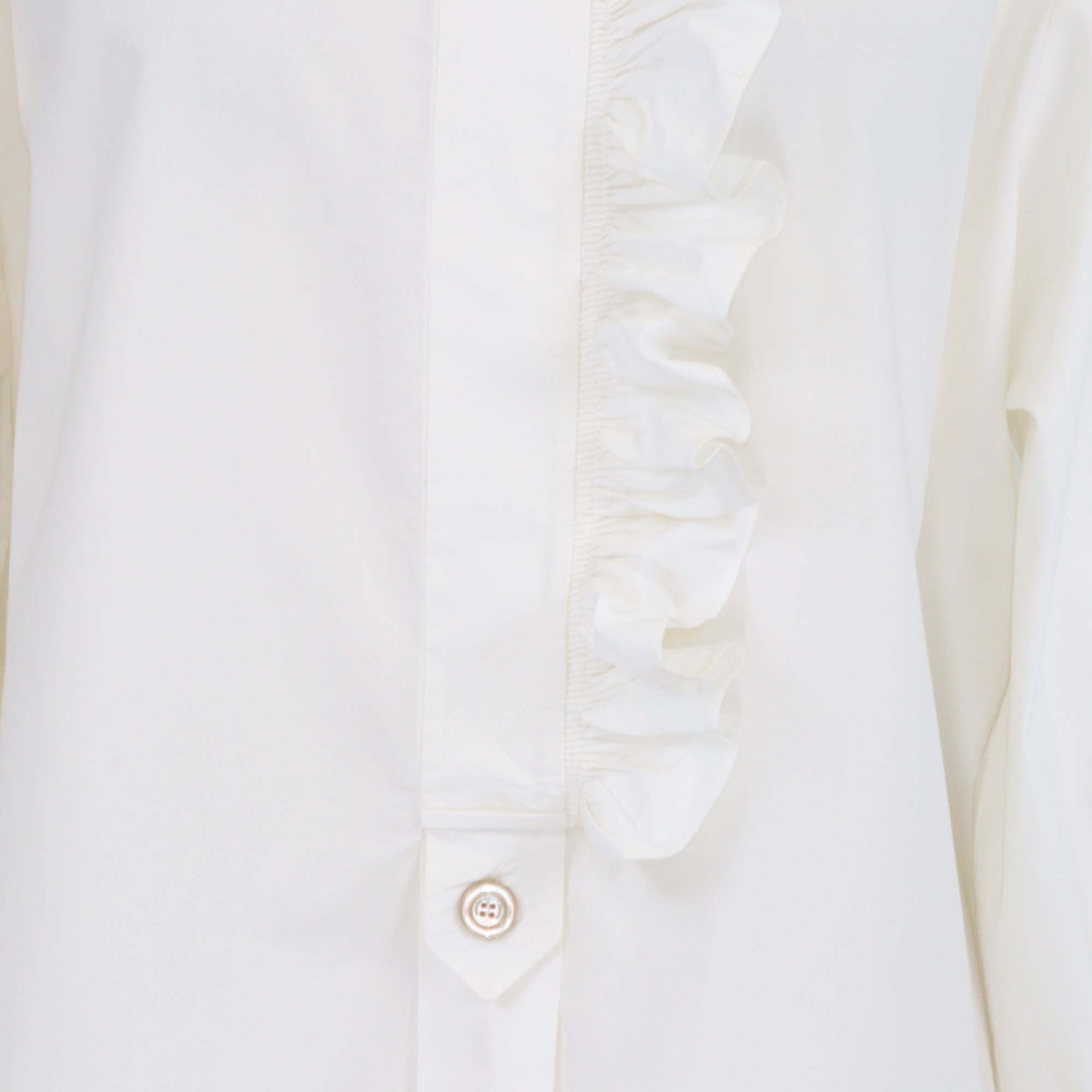 Gucci Off White Cotton Ruffled Long Sleeve Shirt Blouse