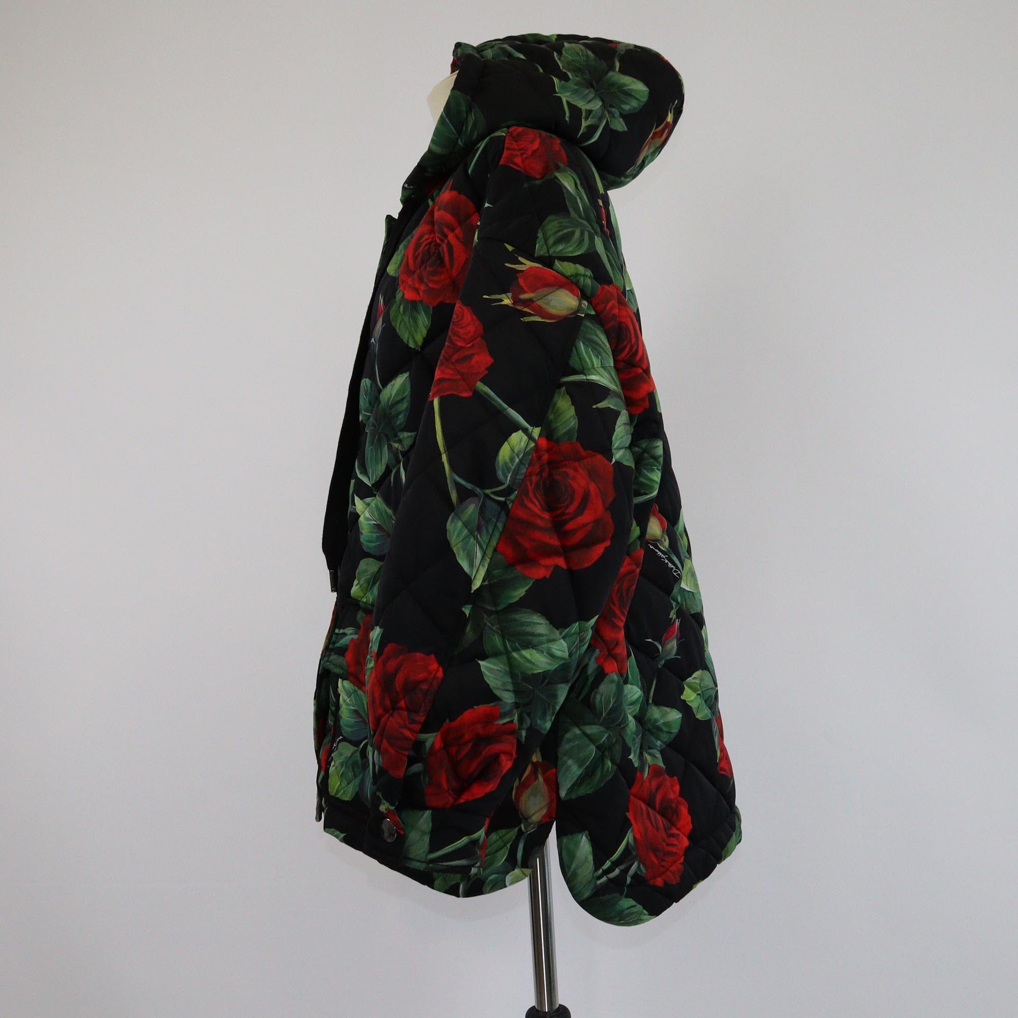 Dolce & Gabbana Black/Multicolor Quilted Rose Print Padded Hoodie Jacket Womens Dolce & Gabbana