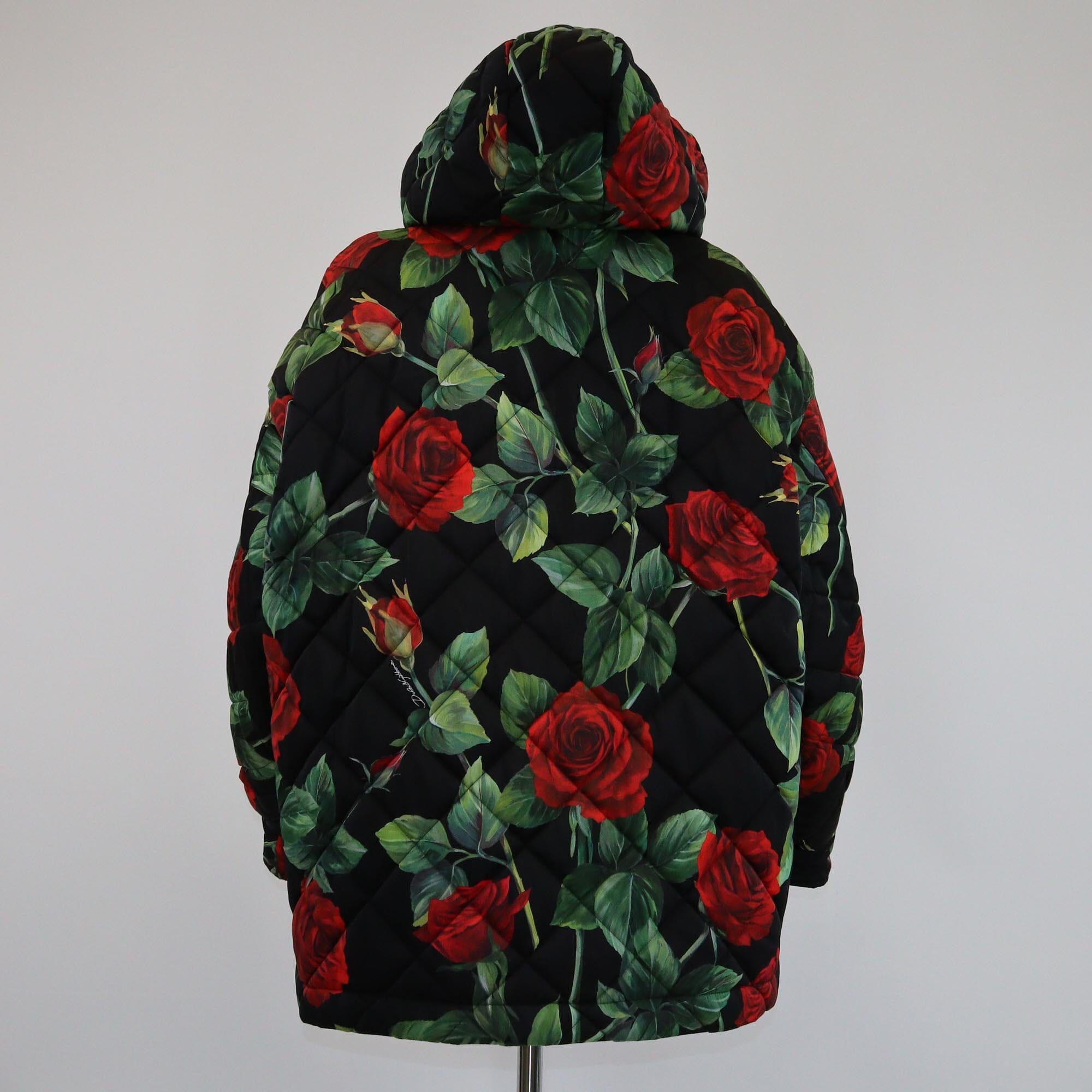 Dolce & Gabbana Black/Multicolor Quilted Rose Print Padded Hoodie Jacket Womens Dolce & Gabbana